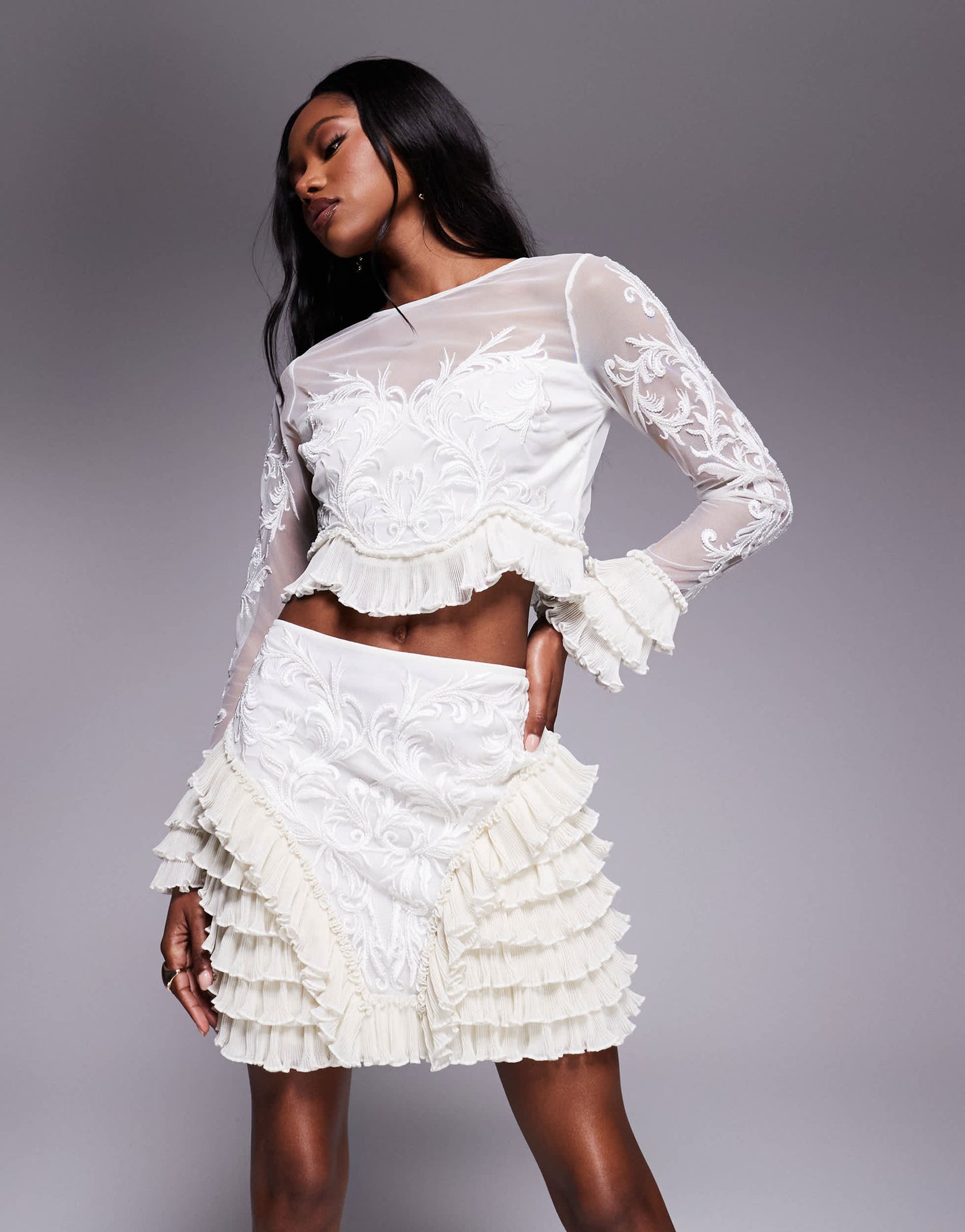 ASOS LUXE co-ord embroidered mini skirt with ruffle detail in cream