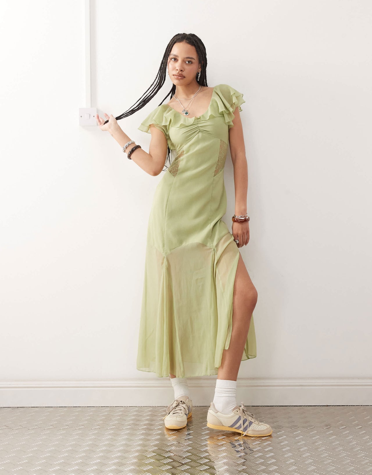 Reclaimed Vintage midi tea dress with lace panels and flutter sleeves in pastel green