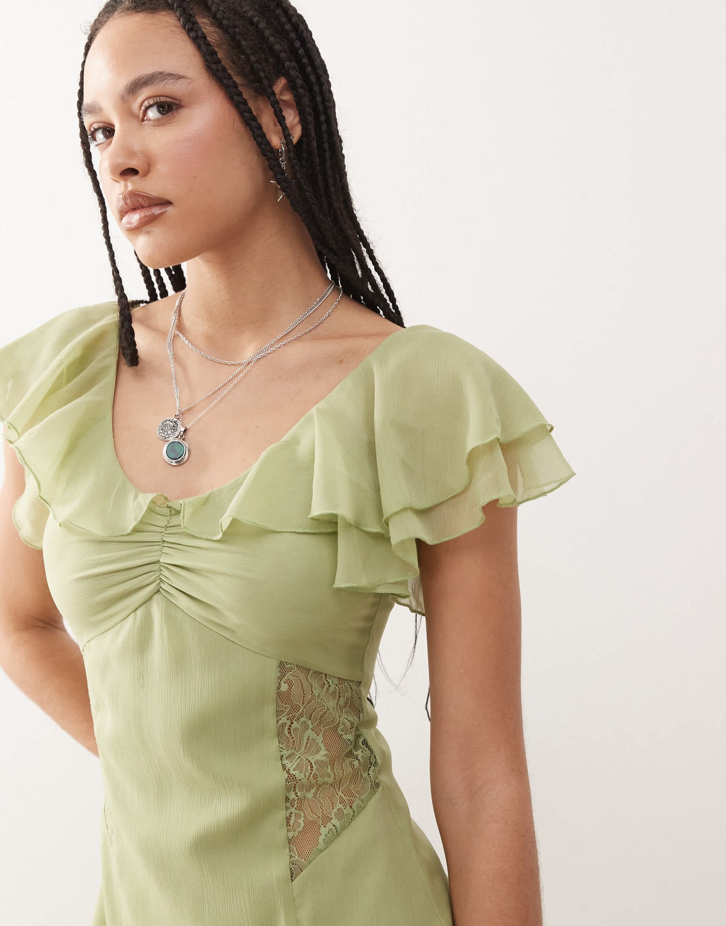 Reclaimed Vintage midi tea dress with lace panels and flutter sleeves in pastel green