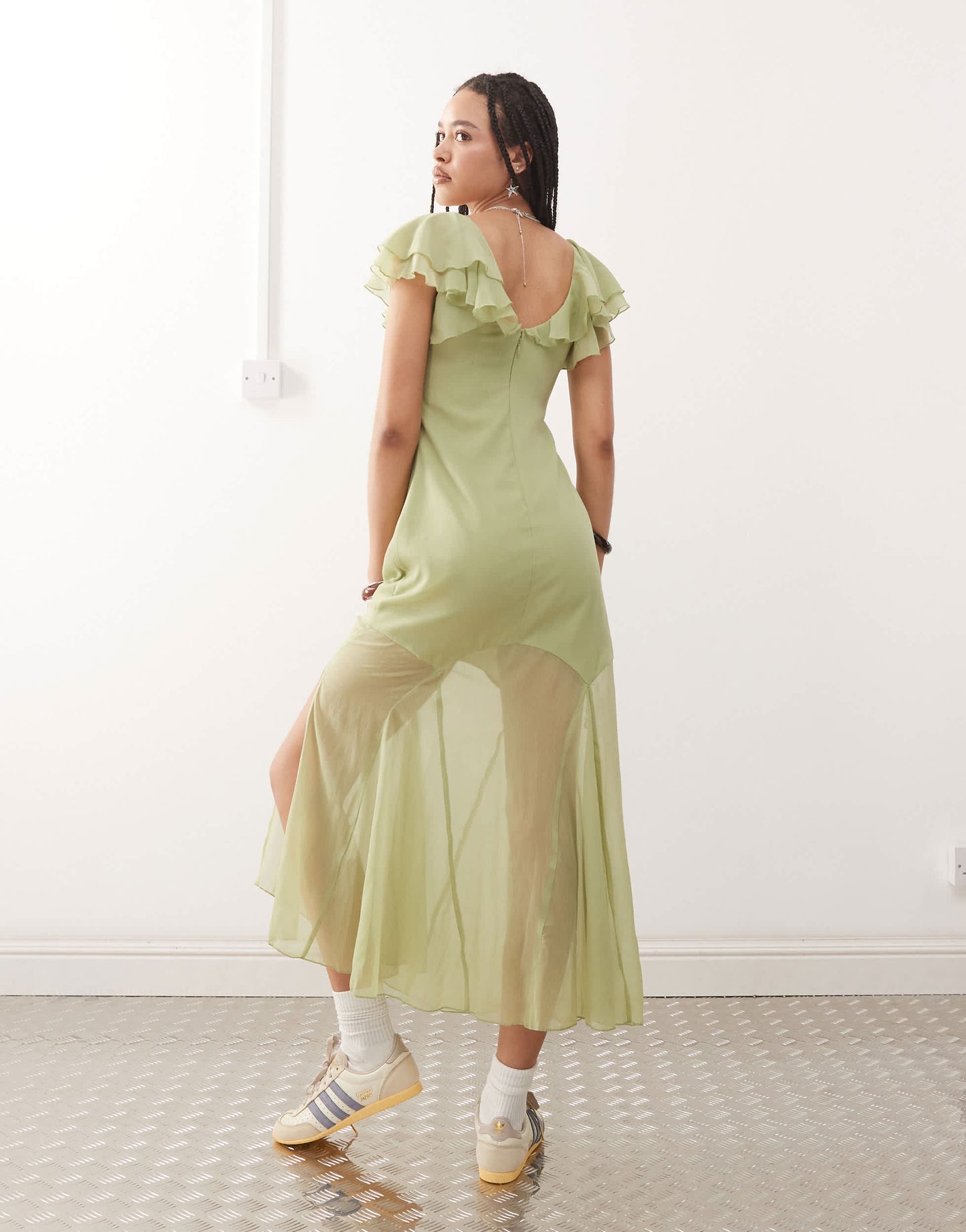 Reclaimed Vintage midi tea dress with lace panels and flutter sleeves in pastel green