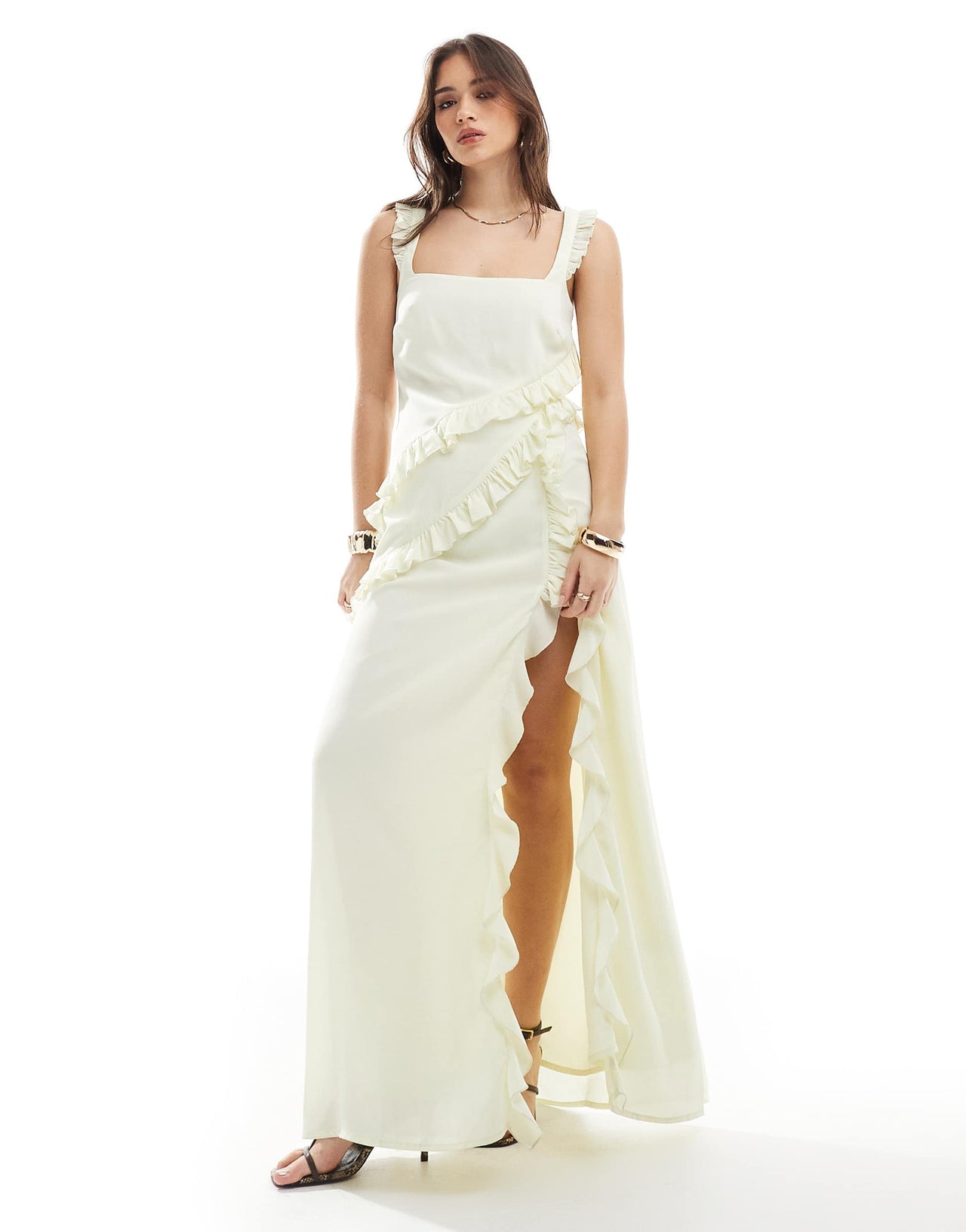 The Frolic exclusive ruffle drape detail square neck thigh split maxi dress in buttermilk yellow