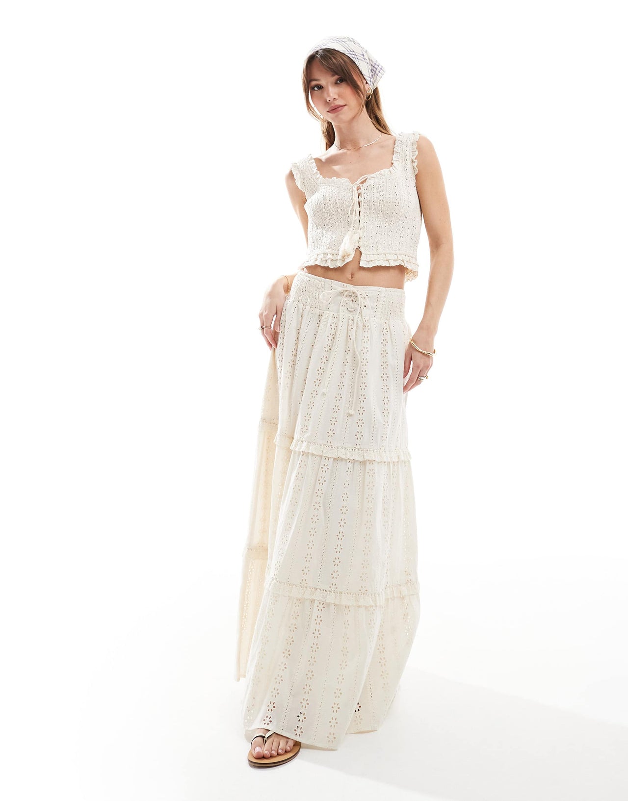 The Frolic exclusive broderie shirred tie tassel detail crop top co-ord in cream