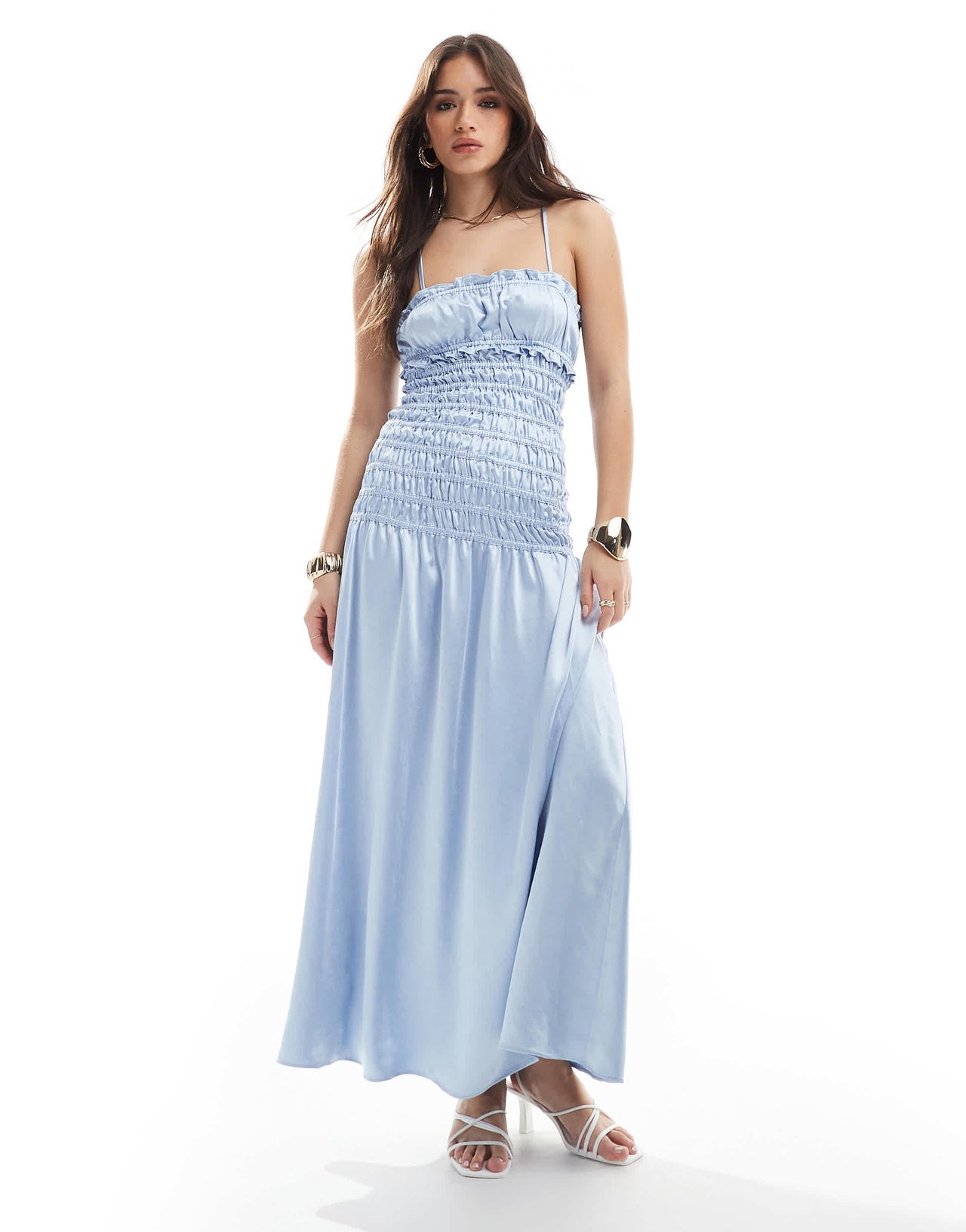 The Frolic exclusive satin ruched dropped waist maxi dress in baby blue