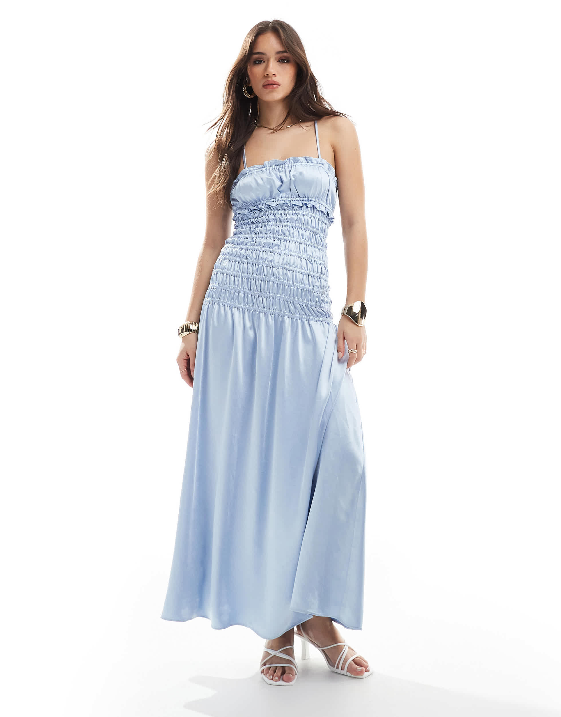 The Frolic exclusive satin ruched dropped waist maxi dress in baby blue
