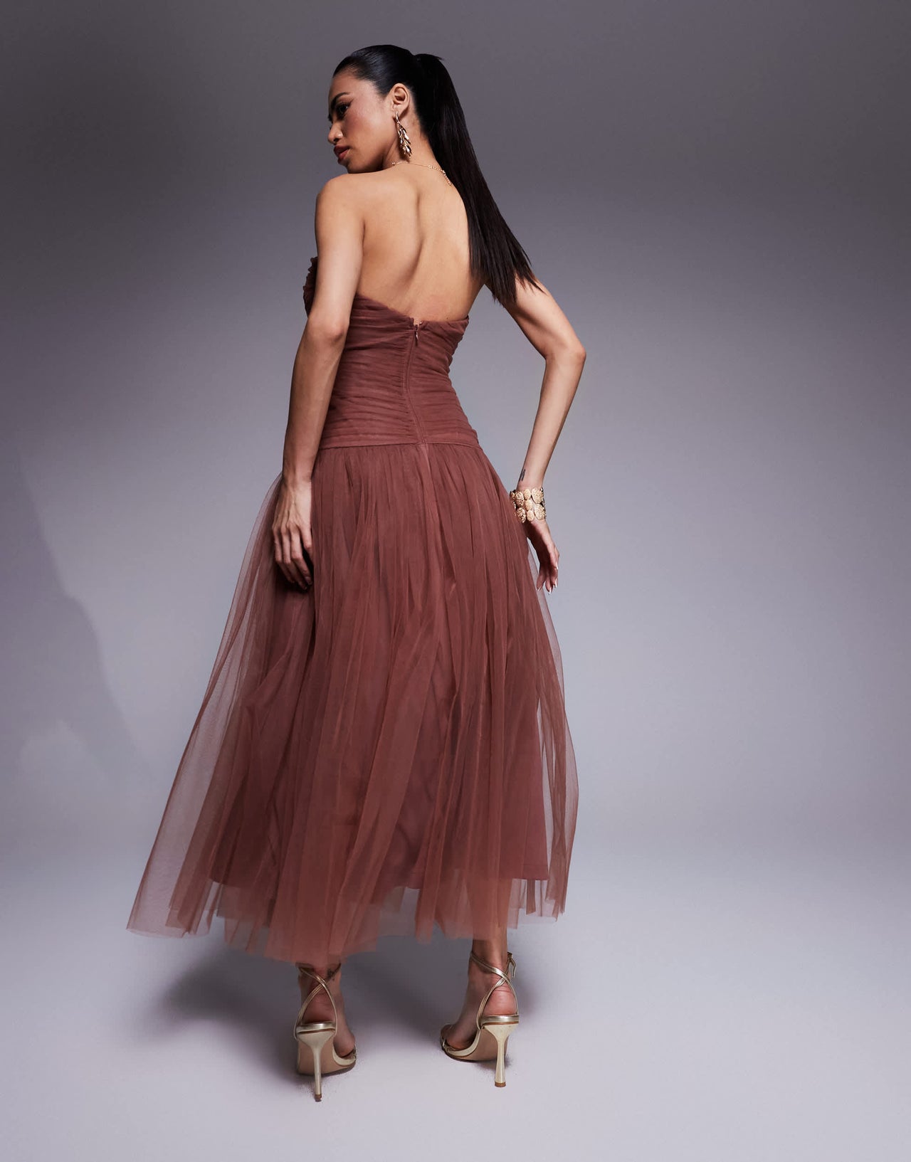 Lace & Beads drop hem tulle maxi dress in rose brown