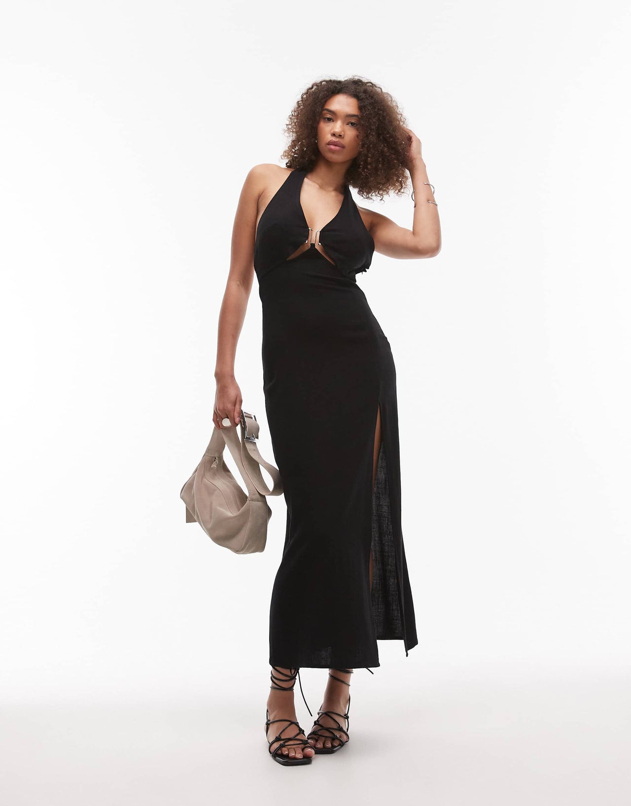 Emory Park front detail linen midaxi dress in black