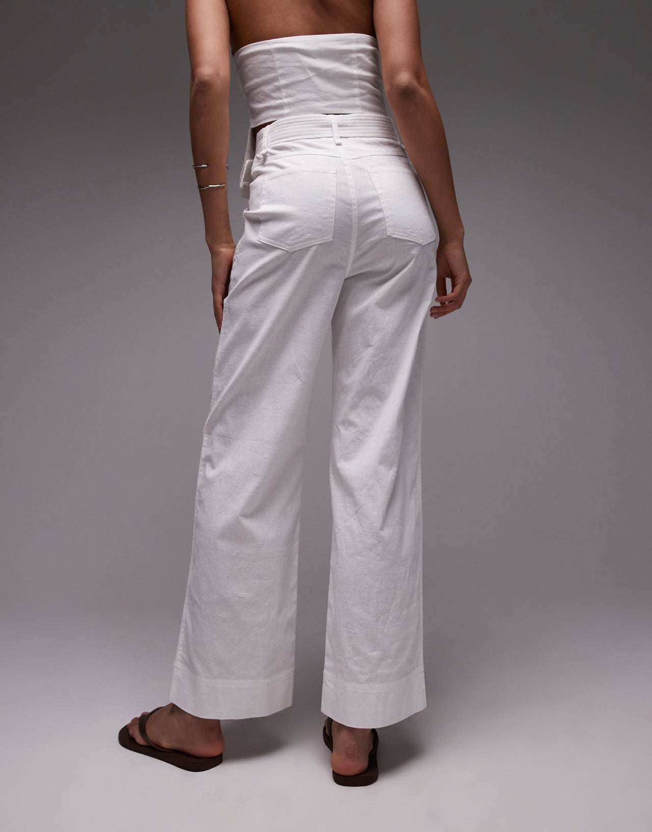 Emory Park belt detail wide leg linen trouser co-ord in white