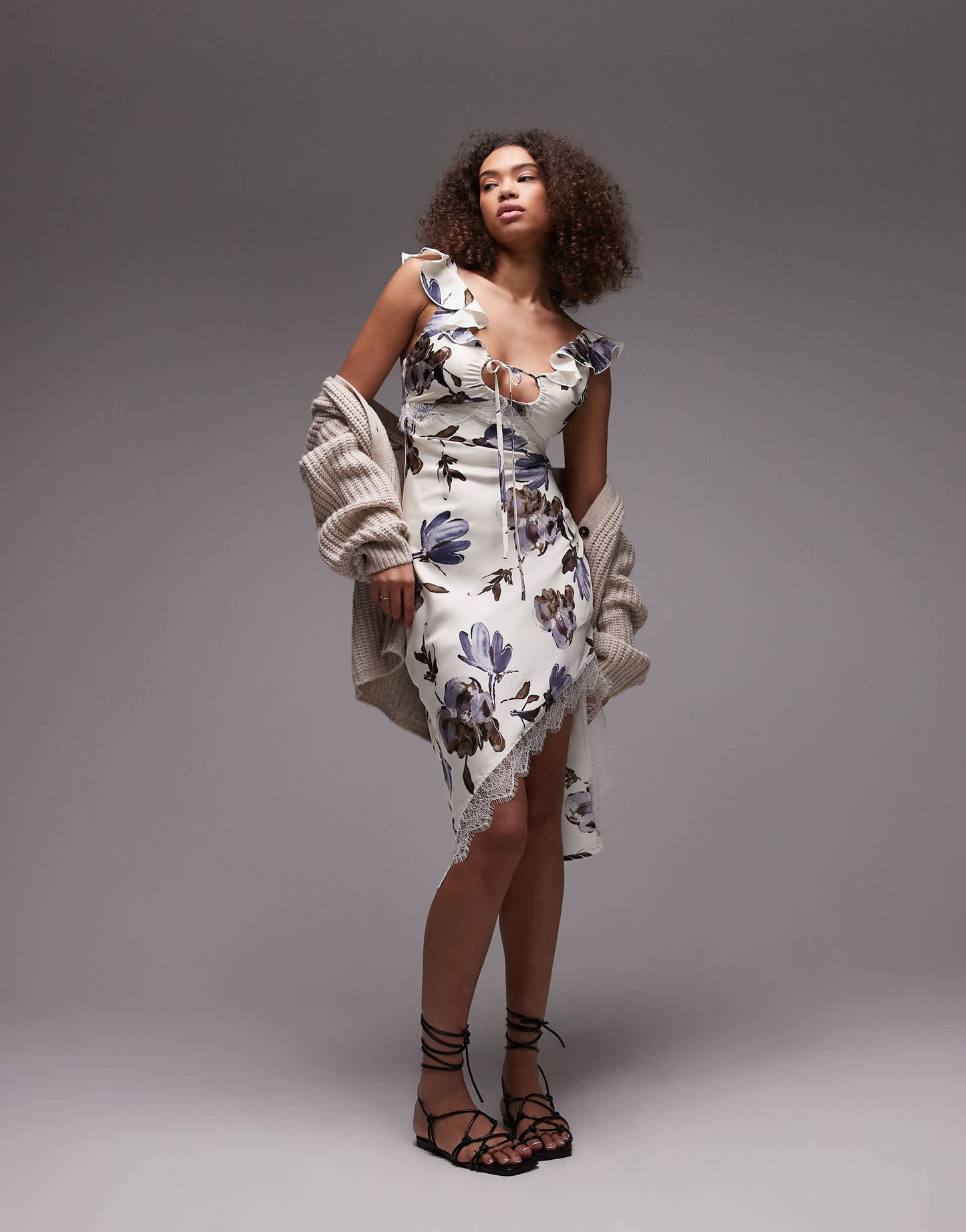 Emory Park asymmetric hem floral print satin midi dress in white