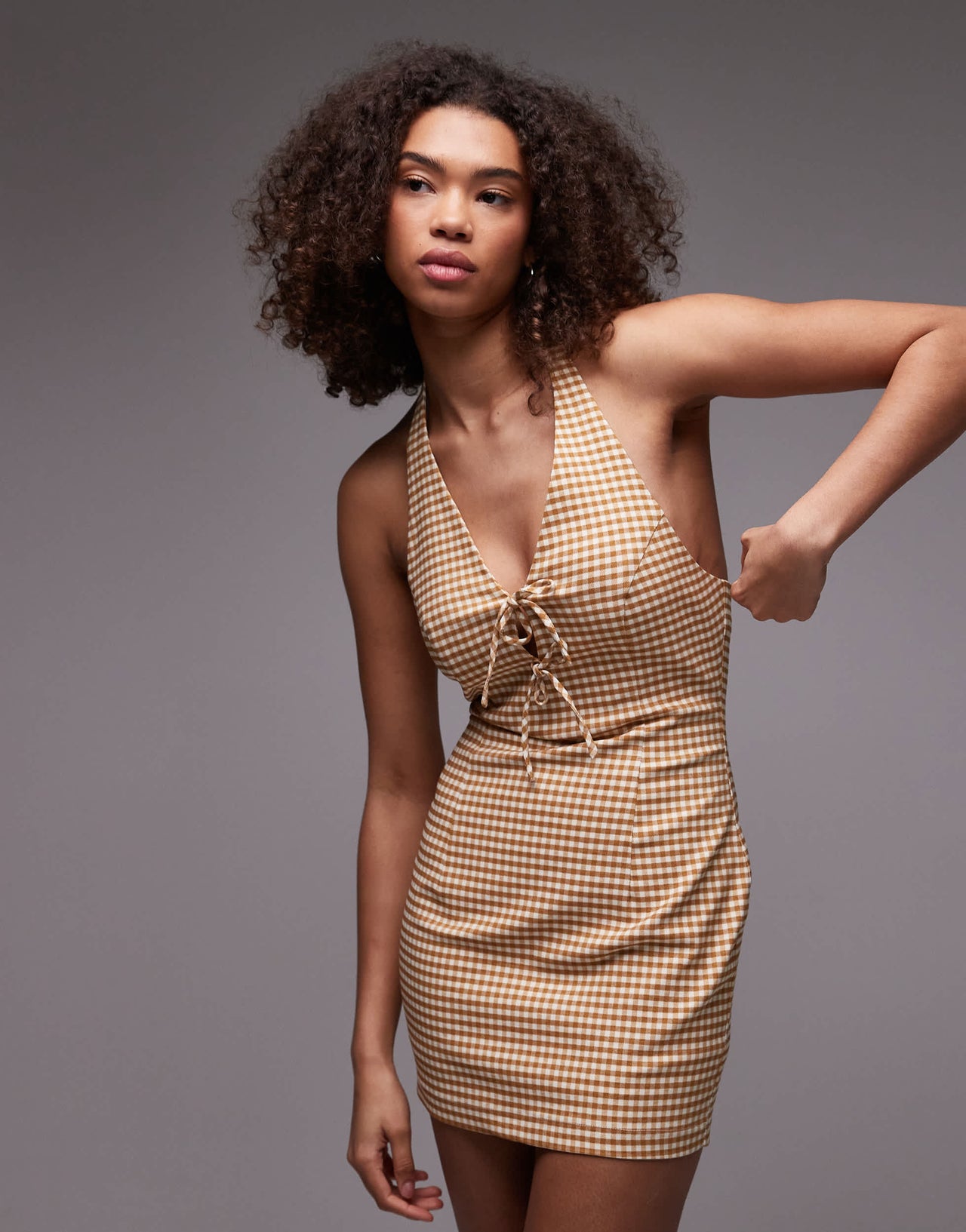 Emory Park gingham halter mini dress in tan