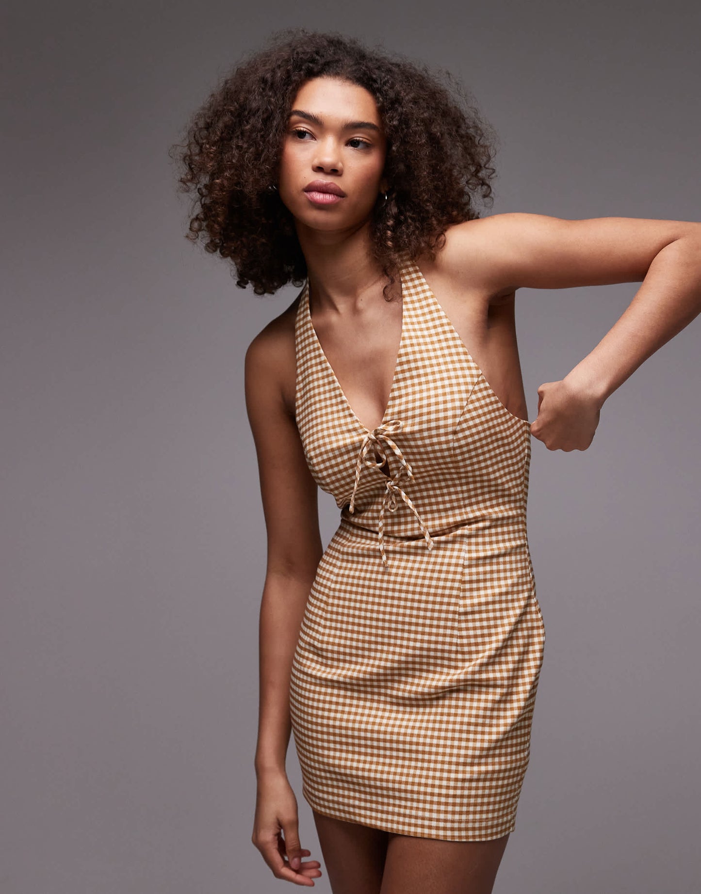 Emory Park gingham halter mini dress in tan