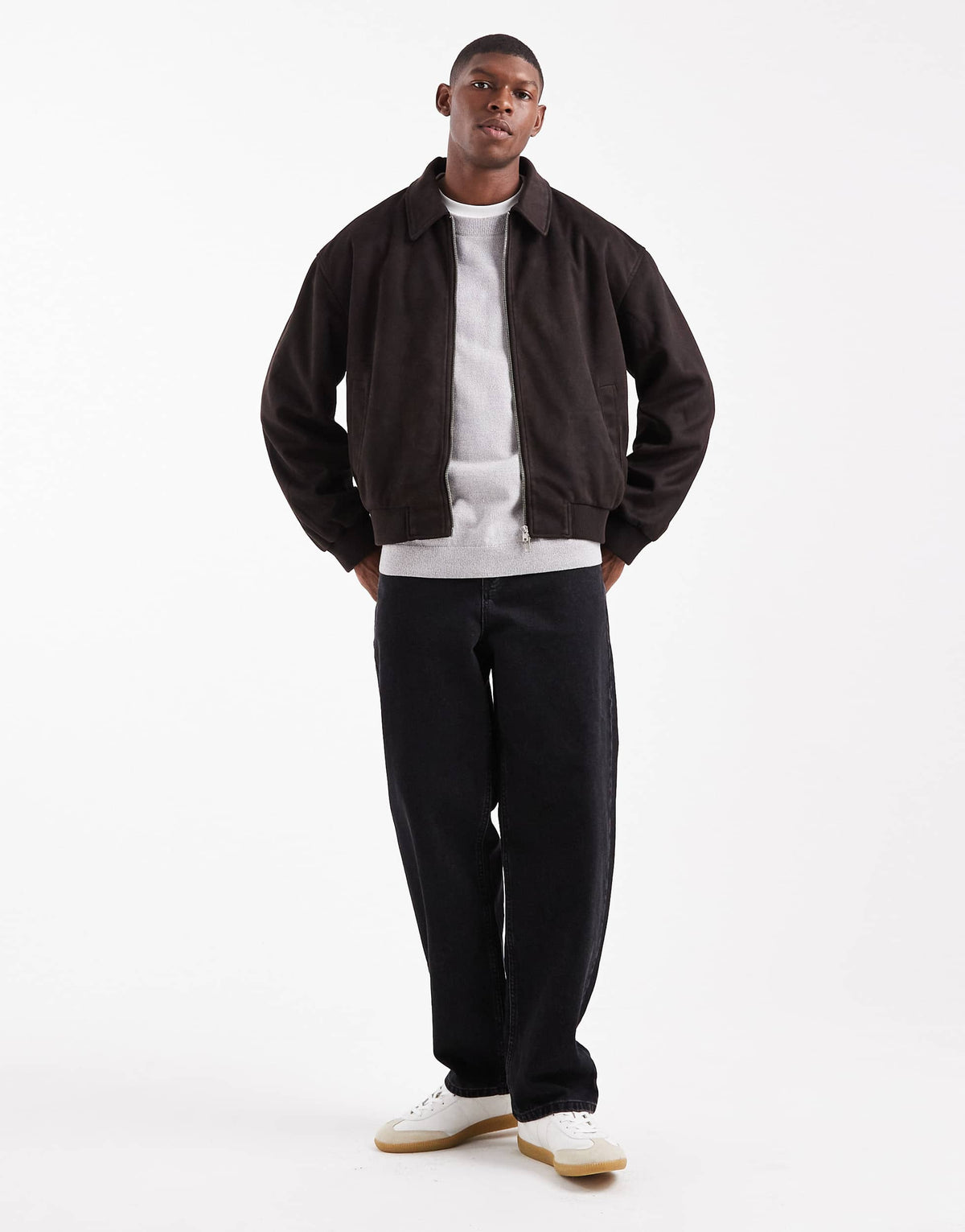 ASOS DESIGN boxy suedette harrington jacket in brown
