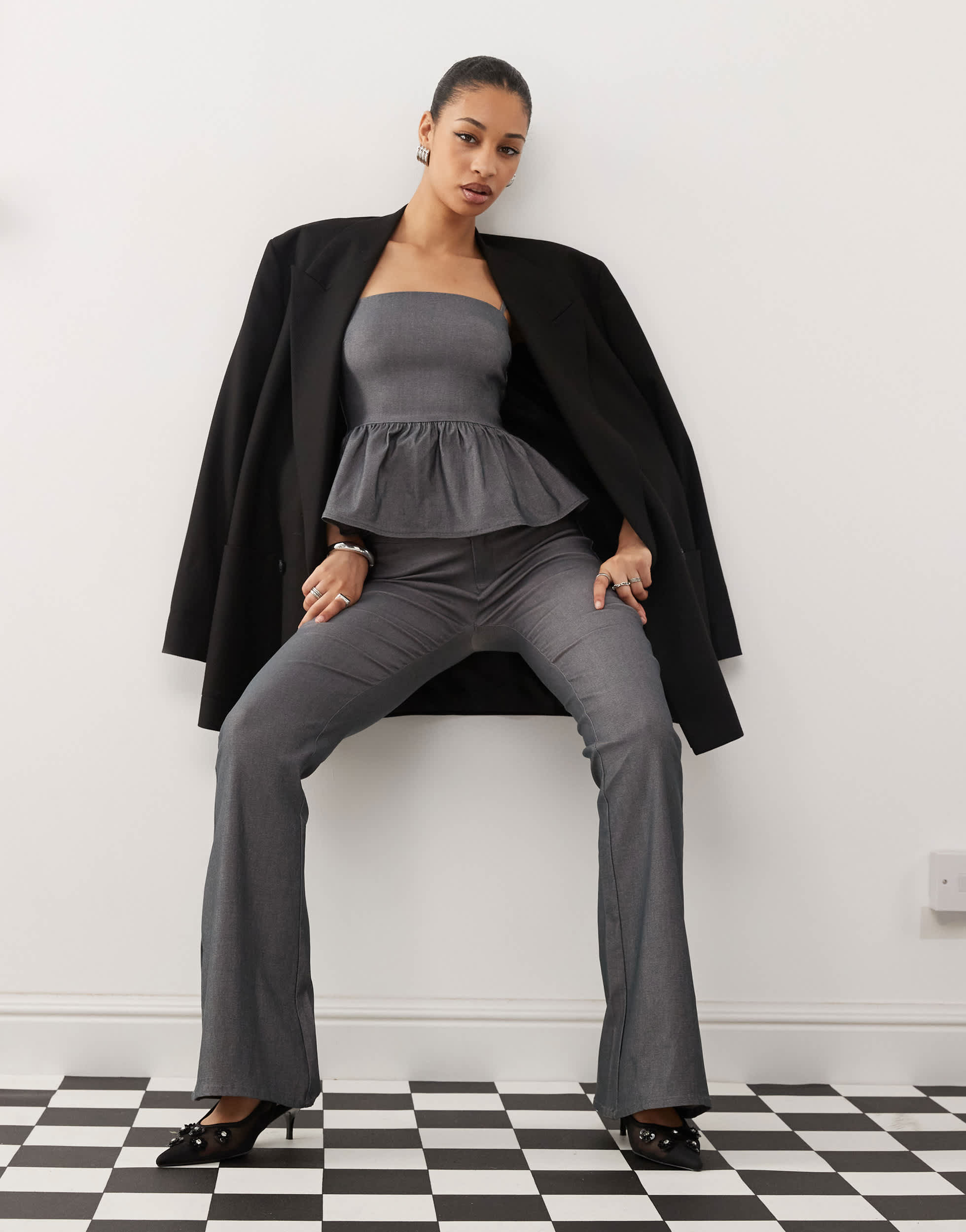 Motel malvinas flared trouser co-ord in grey
