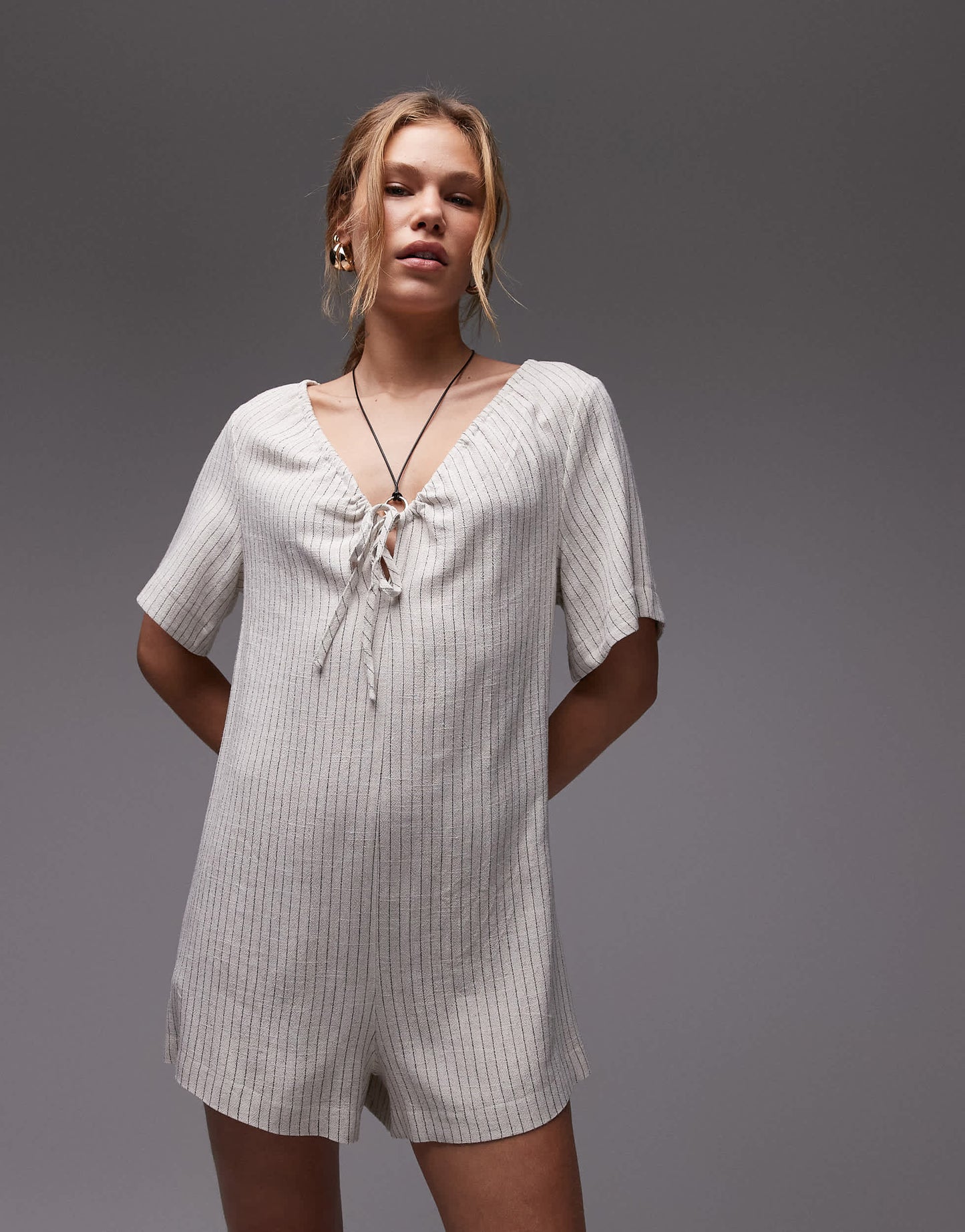 Topshop tie front chuck on romper in natural stripe