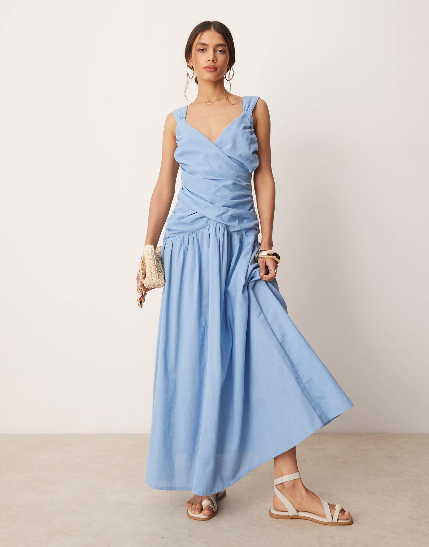 ASOS DESIGN dropped waist linen look midaxi sundress with wrap bodice in sky blue