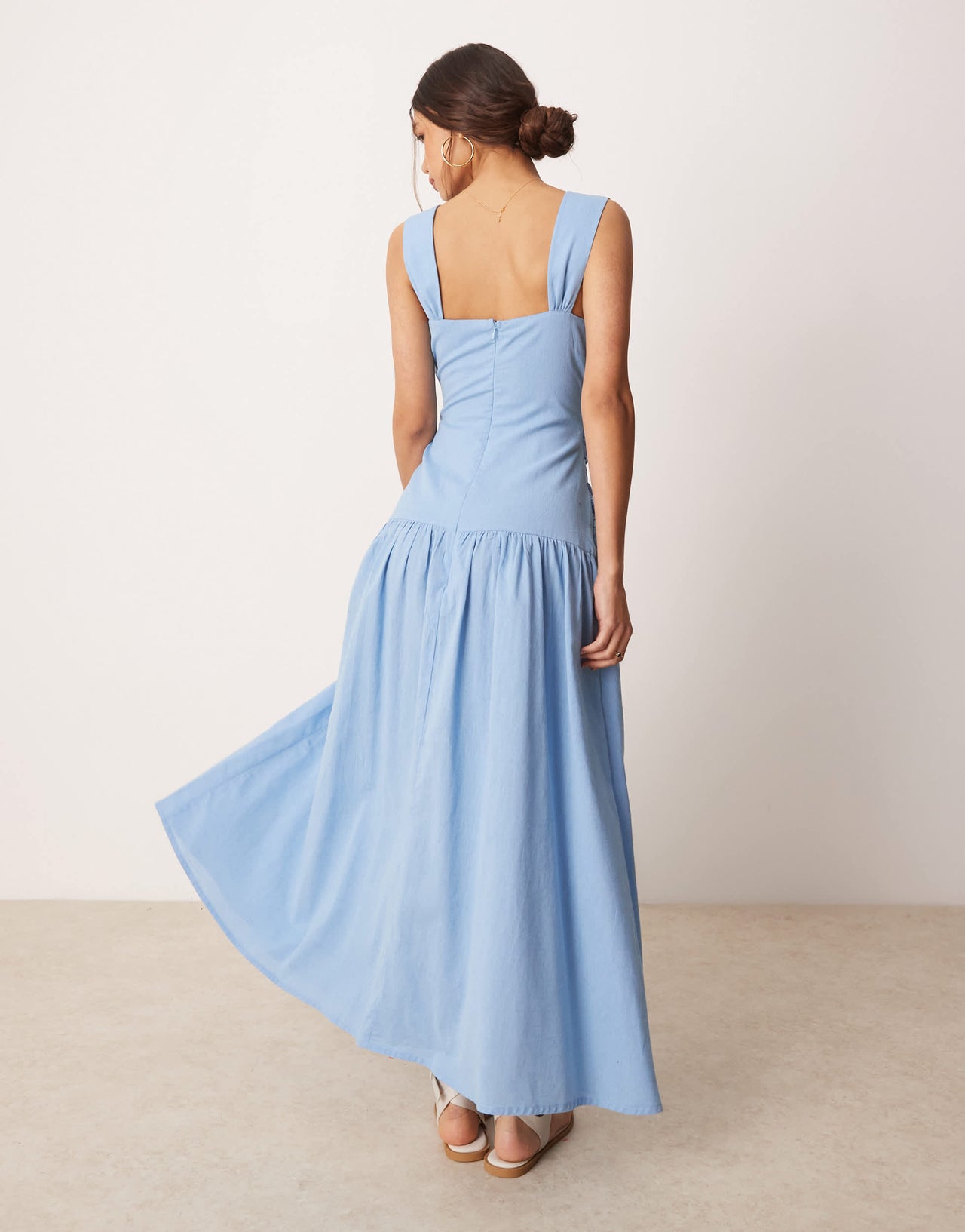ASOS DESIGN dropped waist linen look midaxi sundress with wrap bodice in sky blue
