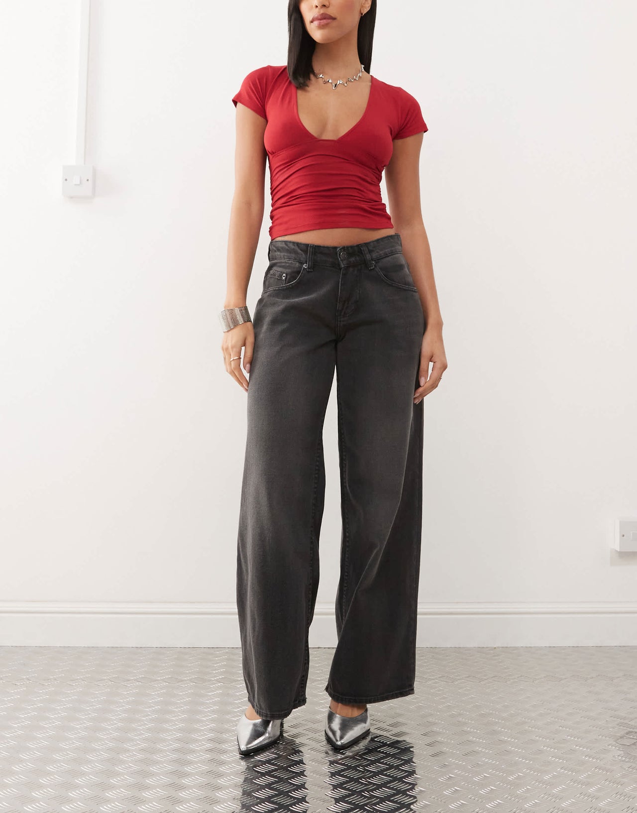 Motel roomy extra wide low rise jeans in washed black grey