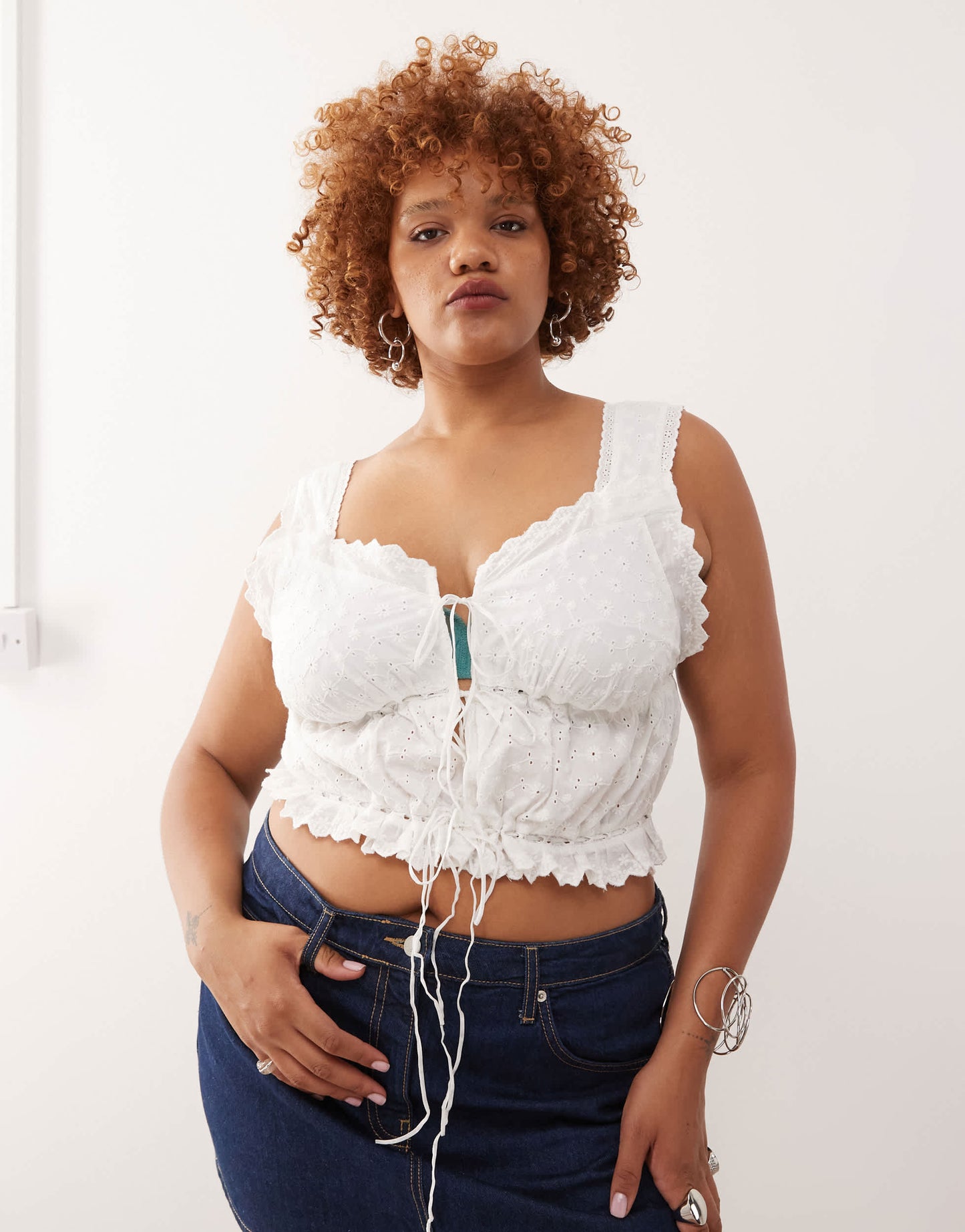 Noisy May Curve tie front broderie top in white