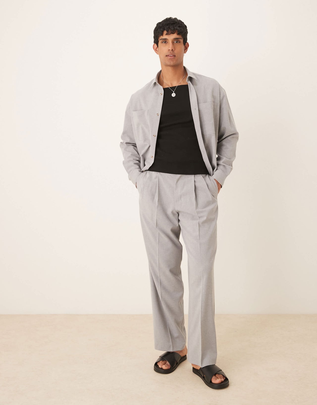 ASOS DESIGN smart co-ord linen look wide leg trousers with double pleats in grey