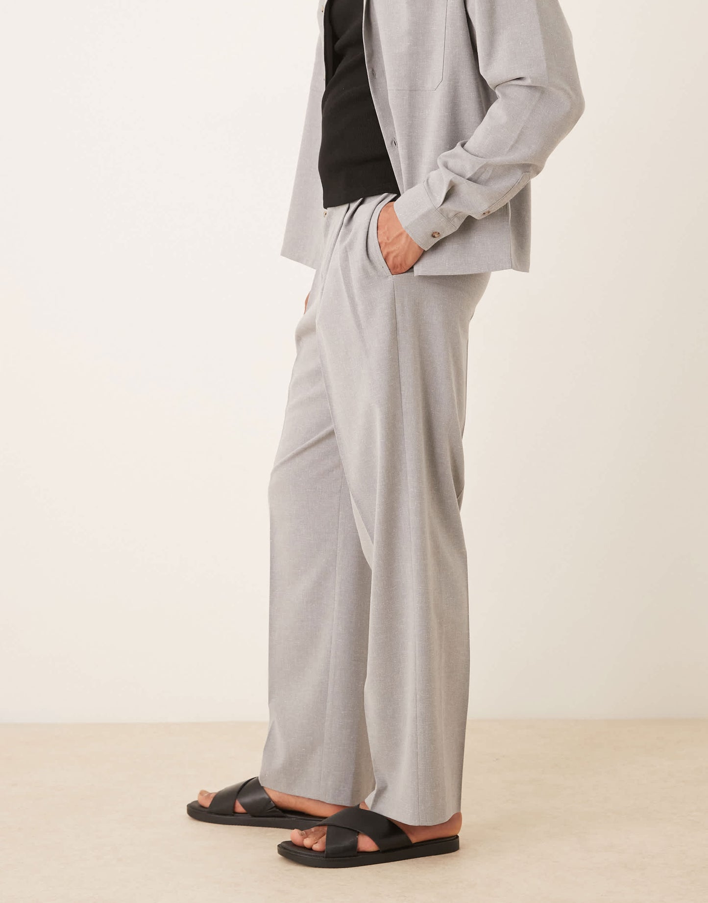 ASOS DESIGN smart co-ord linen look wide leg trousers with double pleats in grey