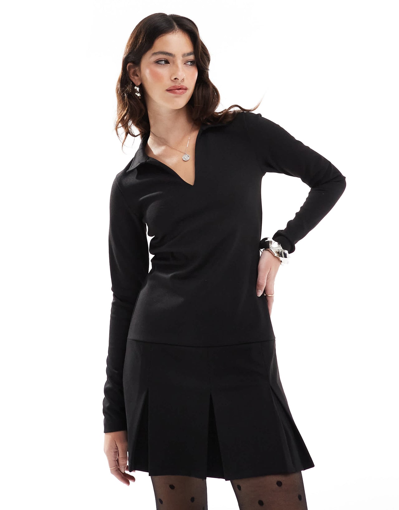 ASOS DESIGN long sleeve v neck collared mini dress with pleated skirt in black
