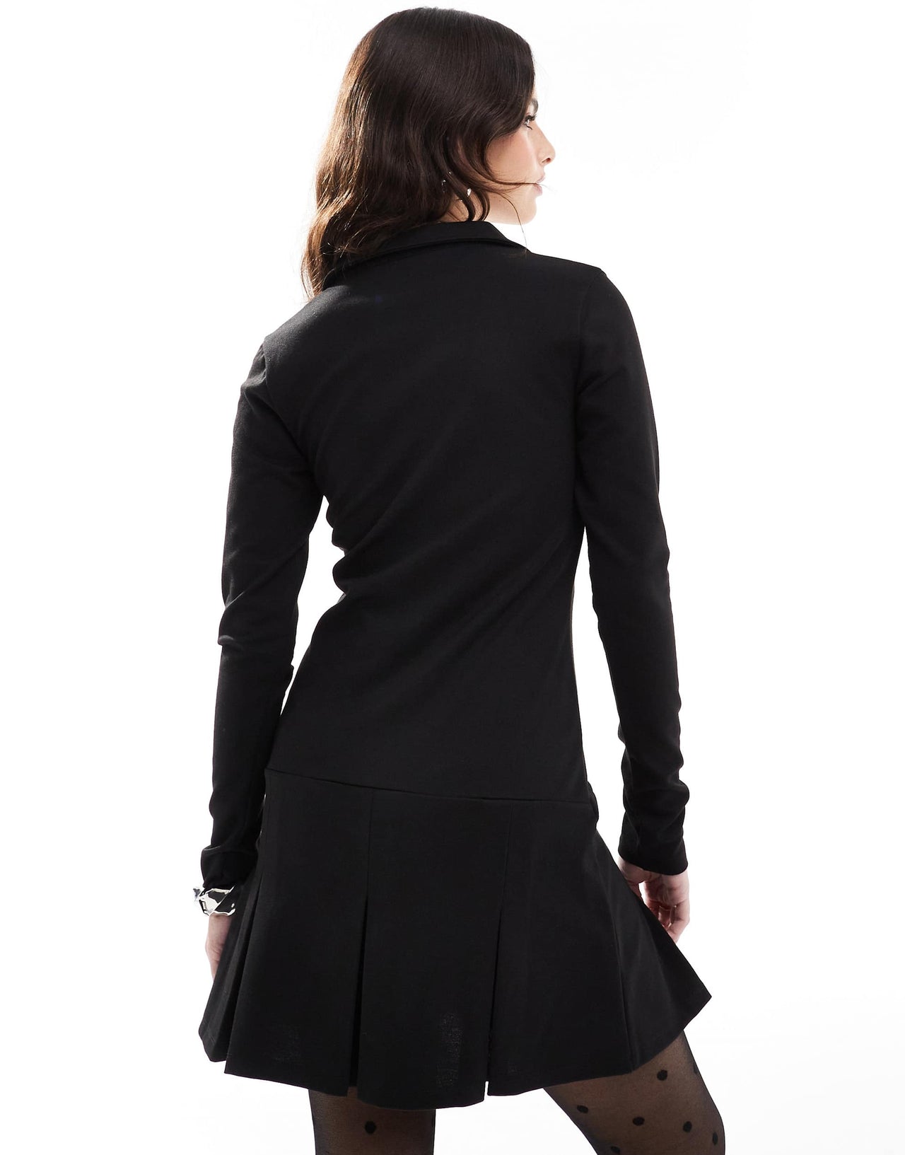 ASOS DESIGN long sleeve v neck collared mini dress with pleated skirt in black