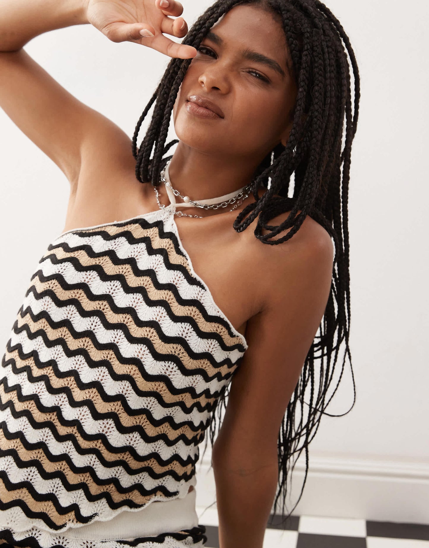 Noisy May crochet halter top co-ord in black & beige wave