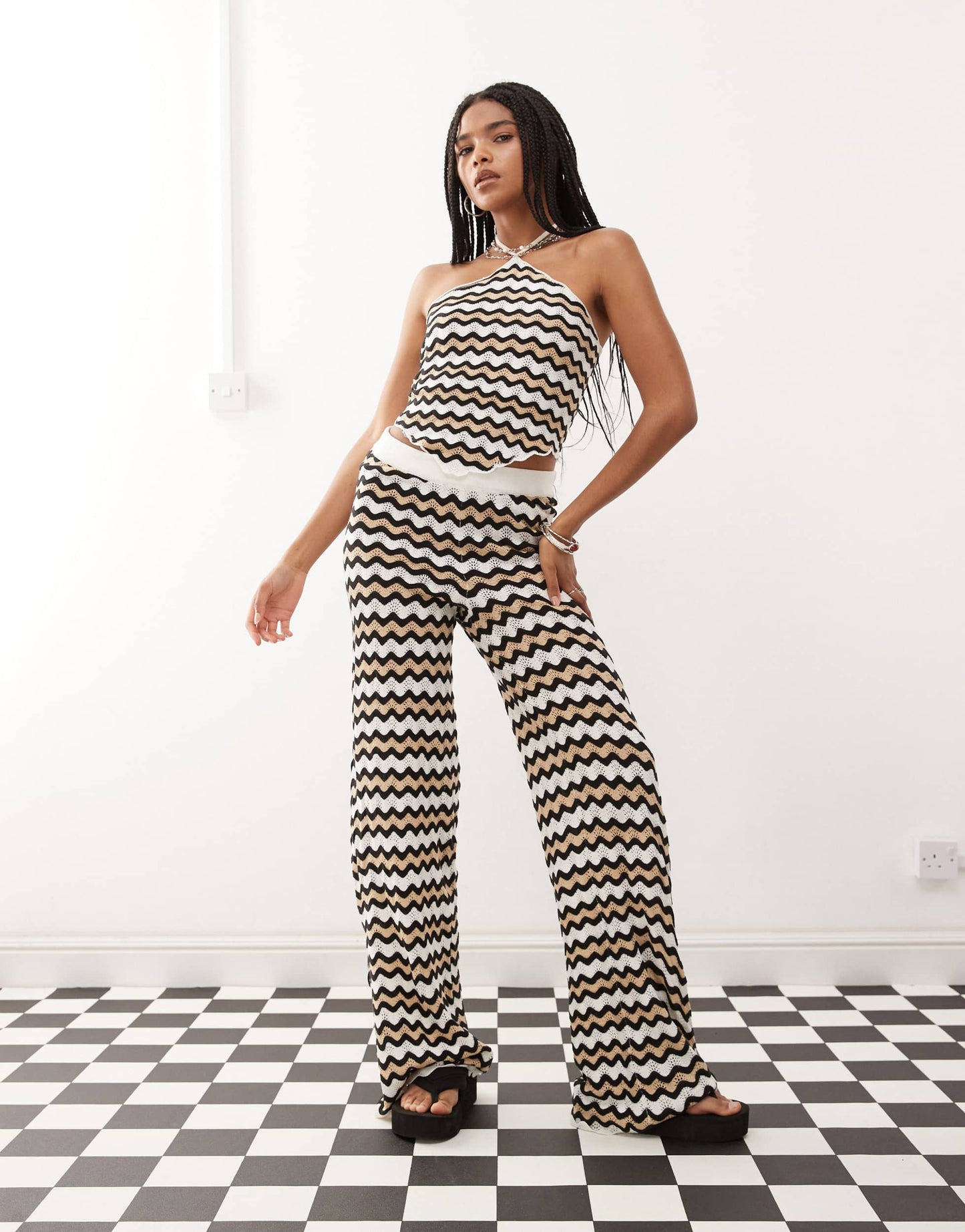 Noisy May crochet halter top co-ord in black & beige wave