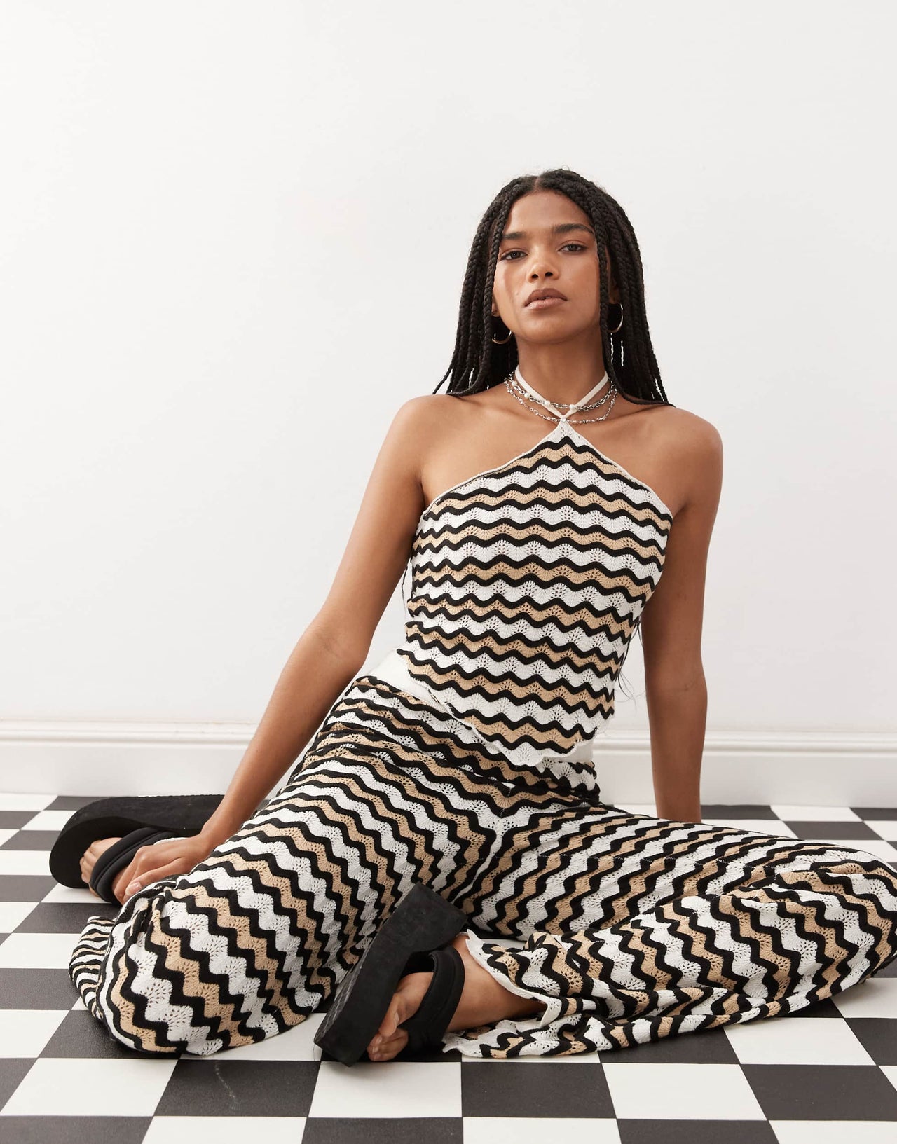 Noisy May crochet halter top co-ord in black & beige wave
