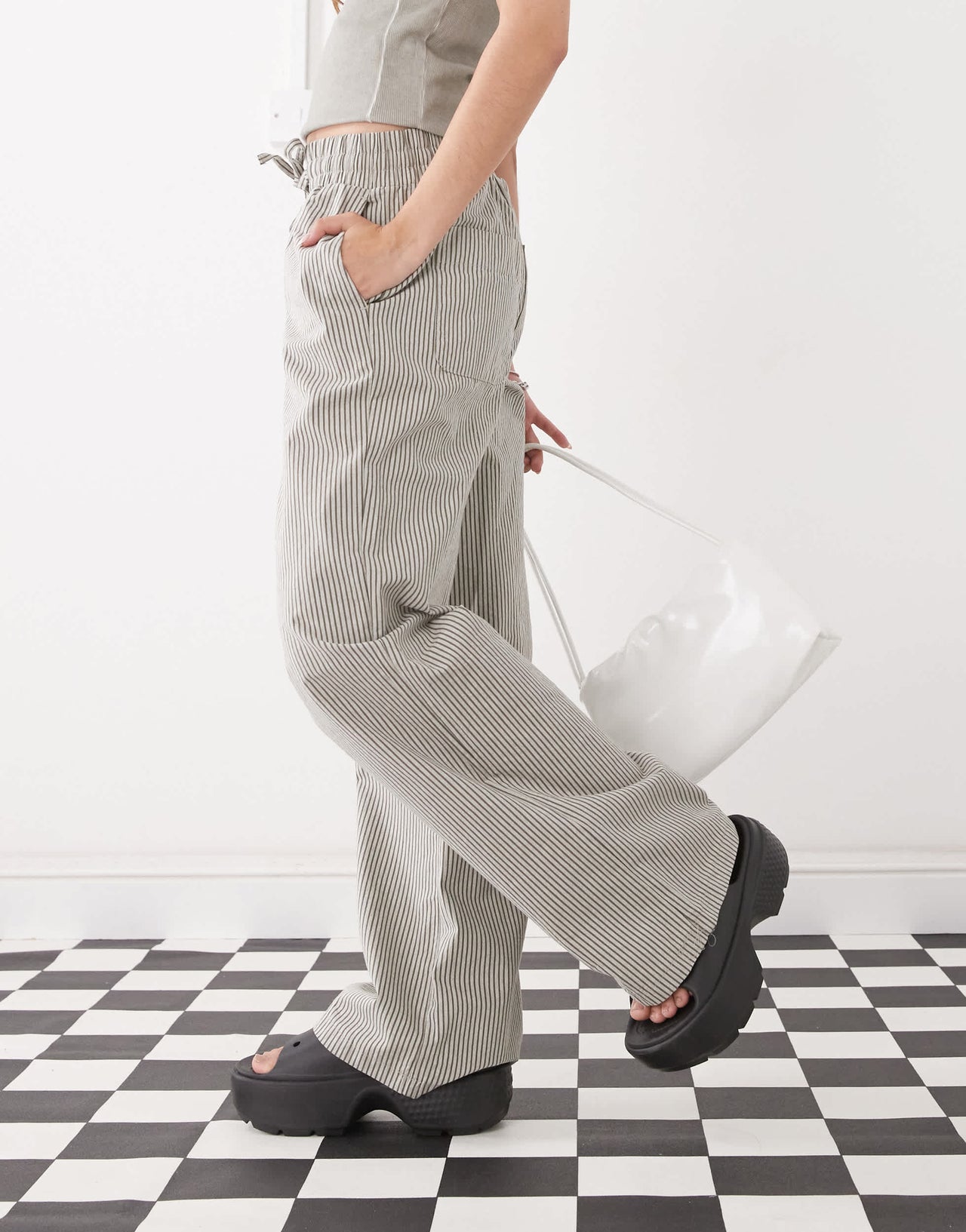 Noisy May tie front wide leg trousers in grey stripe