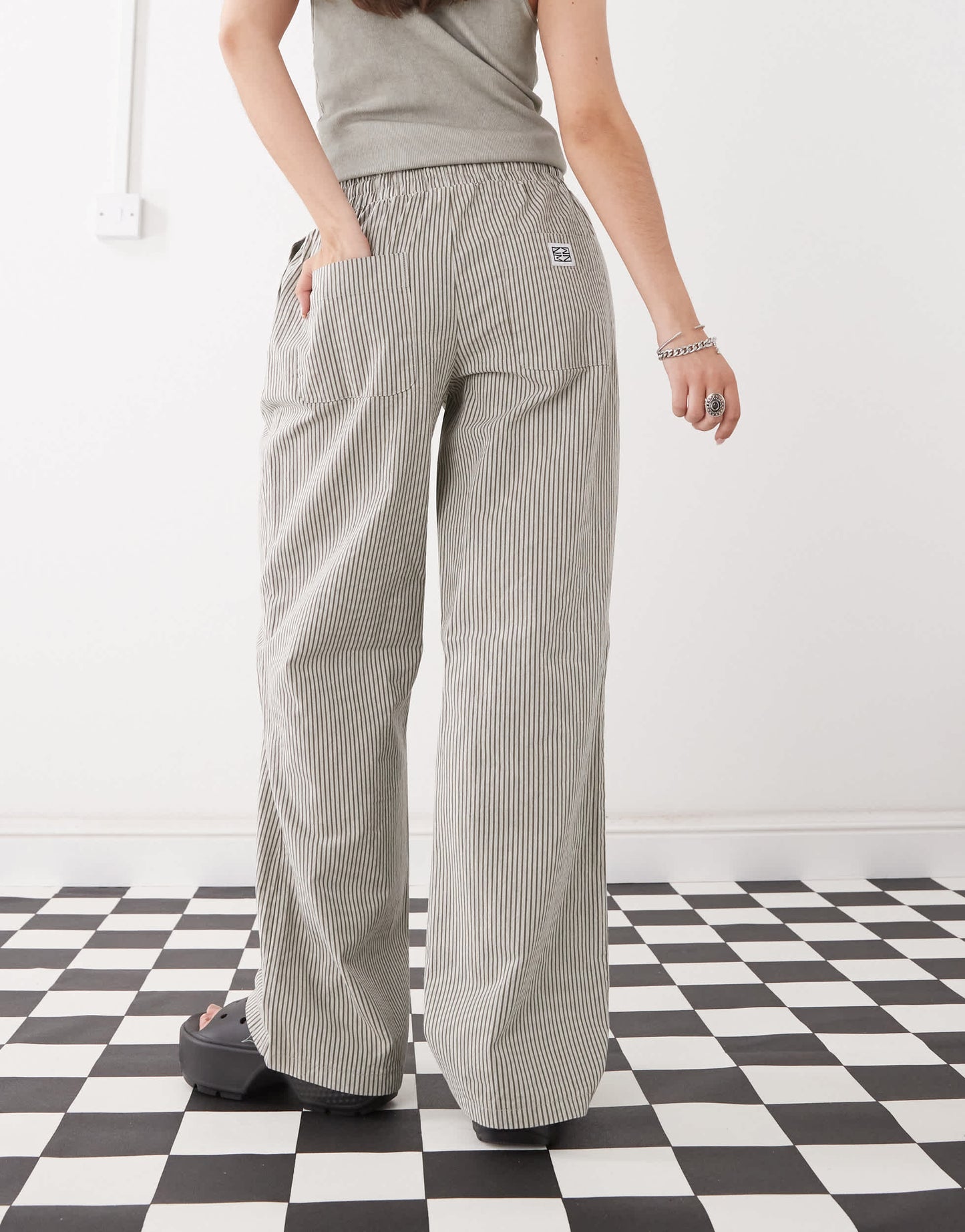 Noisy May tie front wide leg trousers in grey stripe