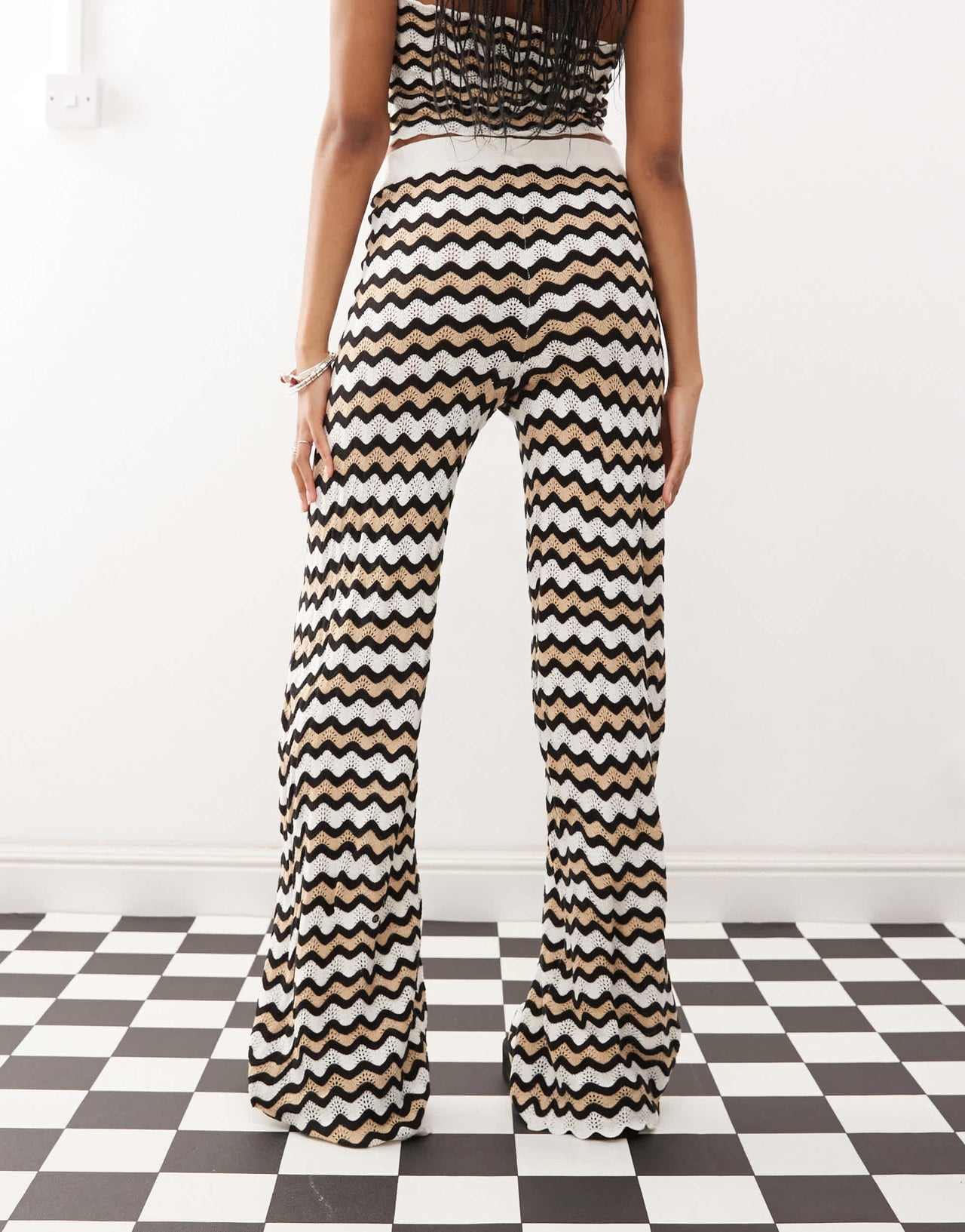 Noisy May loose fit crochet trouser co-ord in black & beige wave