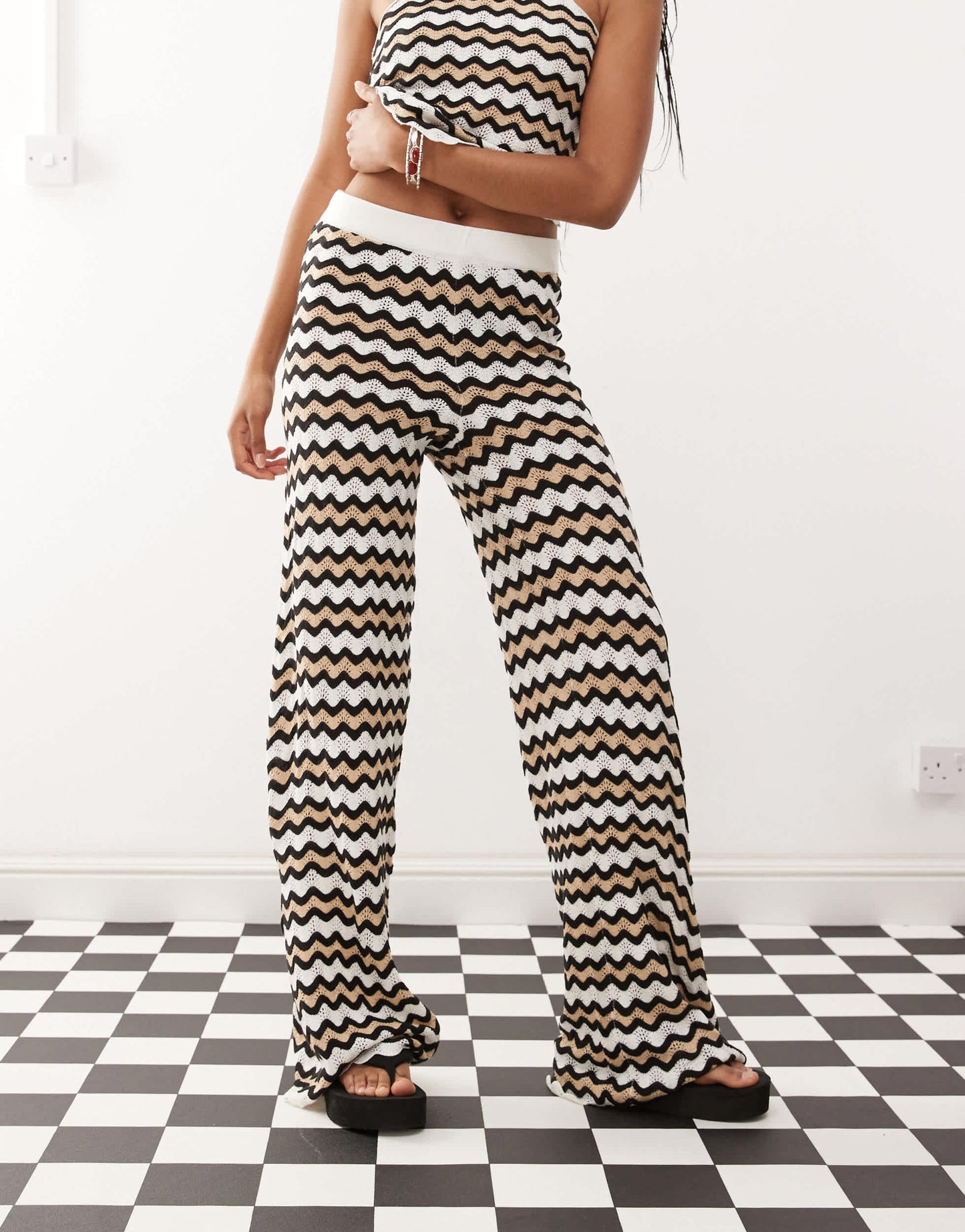 Noisy May loose fit crochet trouser co-ord in black & beige wave