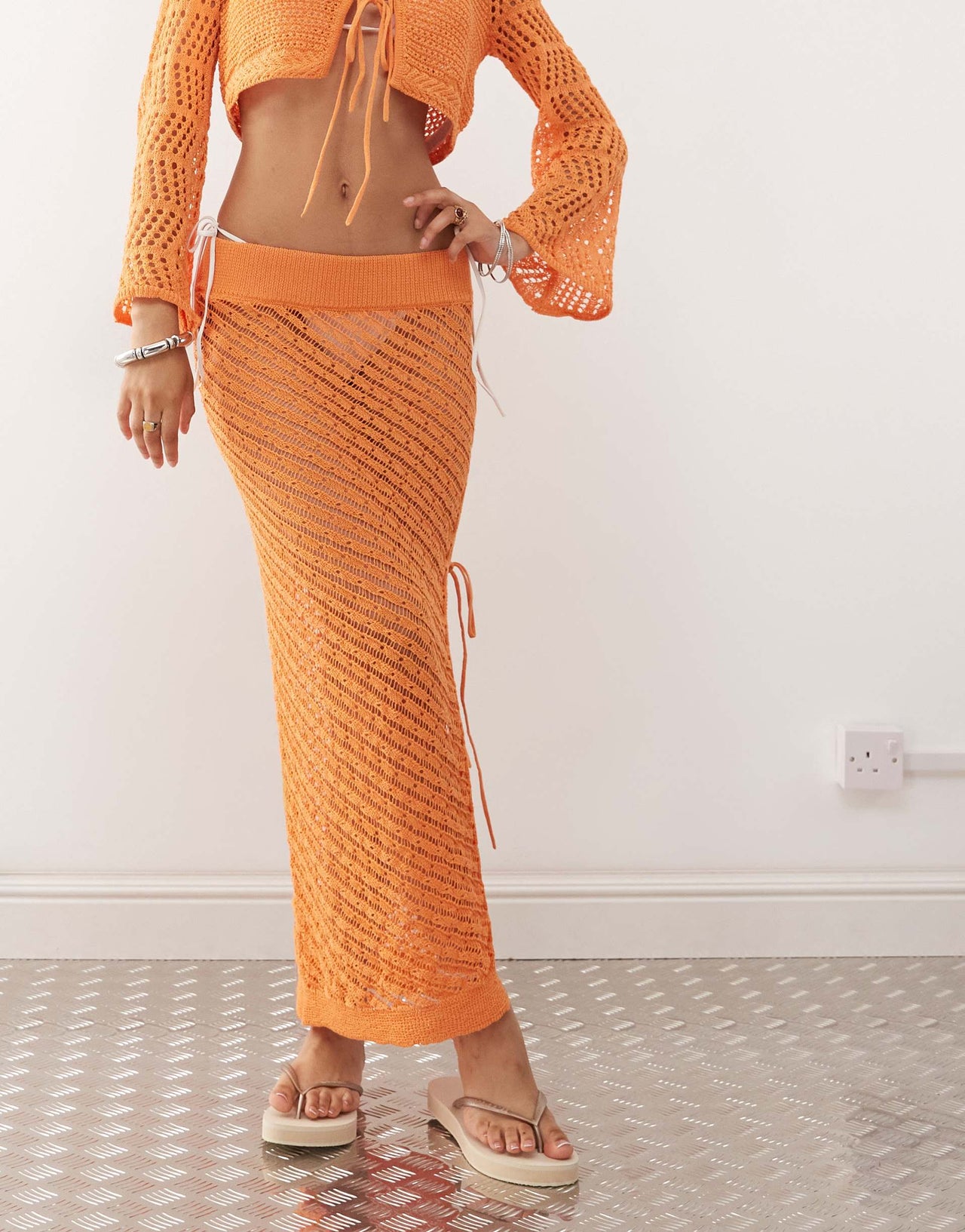 Noisy May side split tie detail crochet maxi skirt in orange