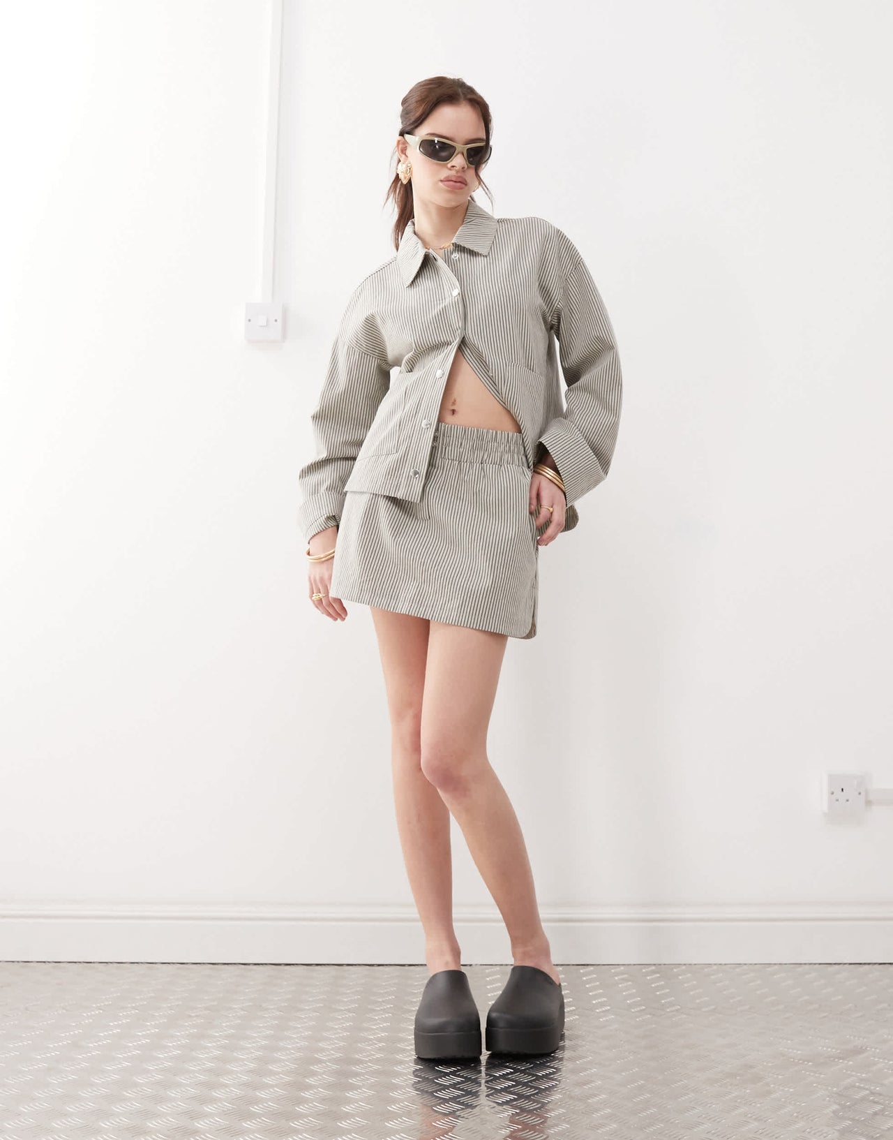 Noisy May boxer mini skirt co-ord in grey stripe