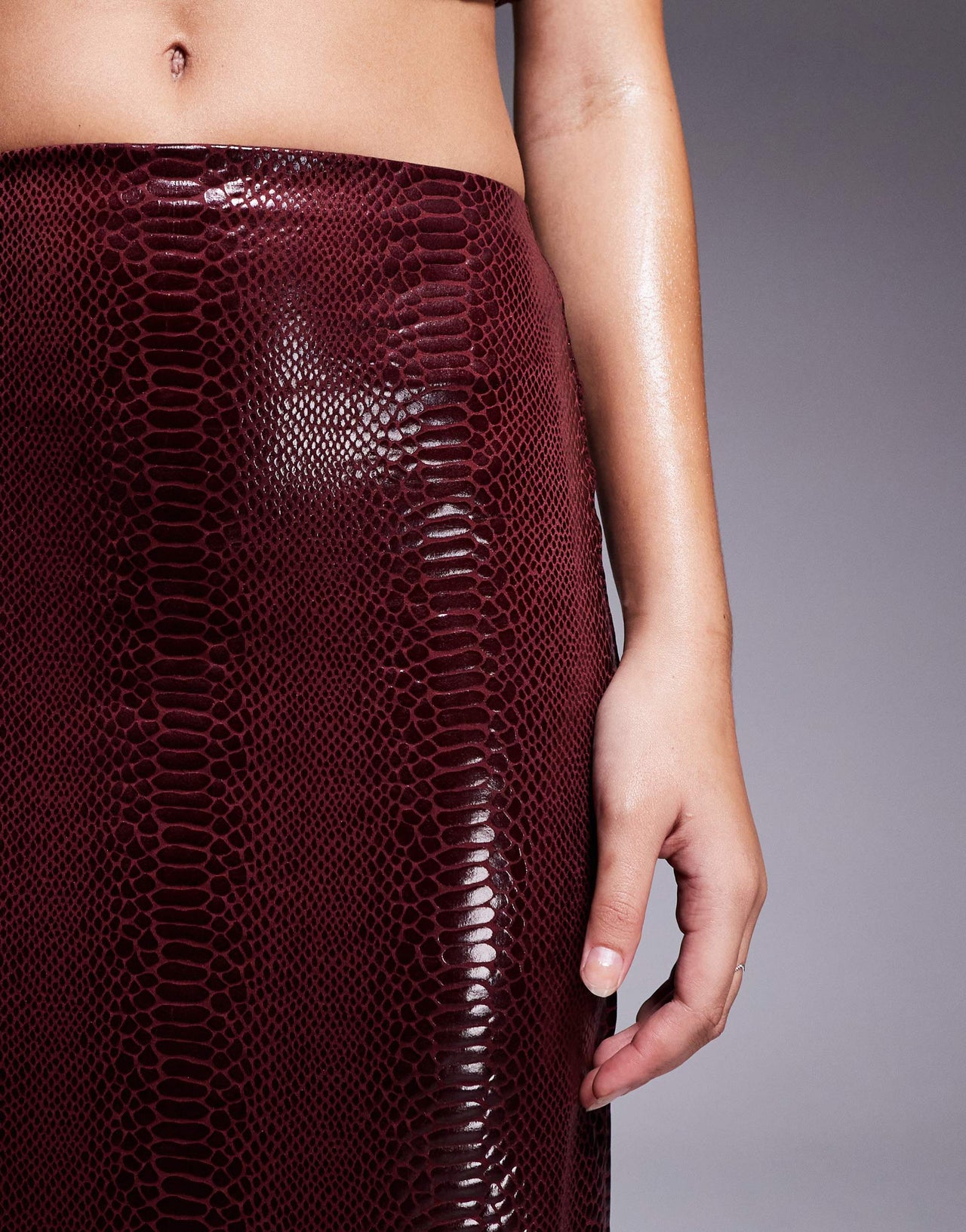 ASOS DESIGN co-ord croc leather look column skirt in burgundy