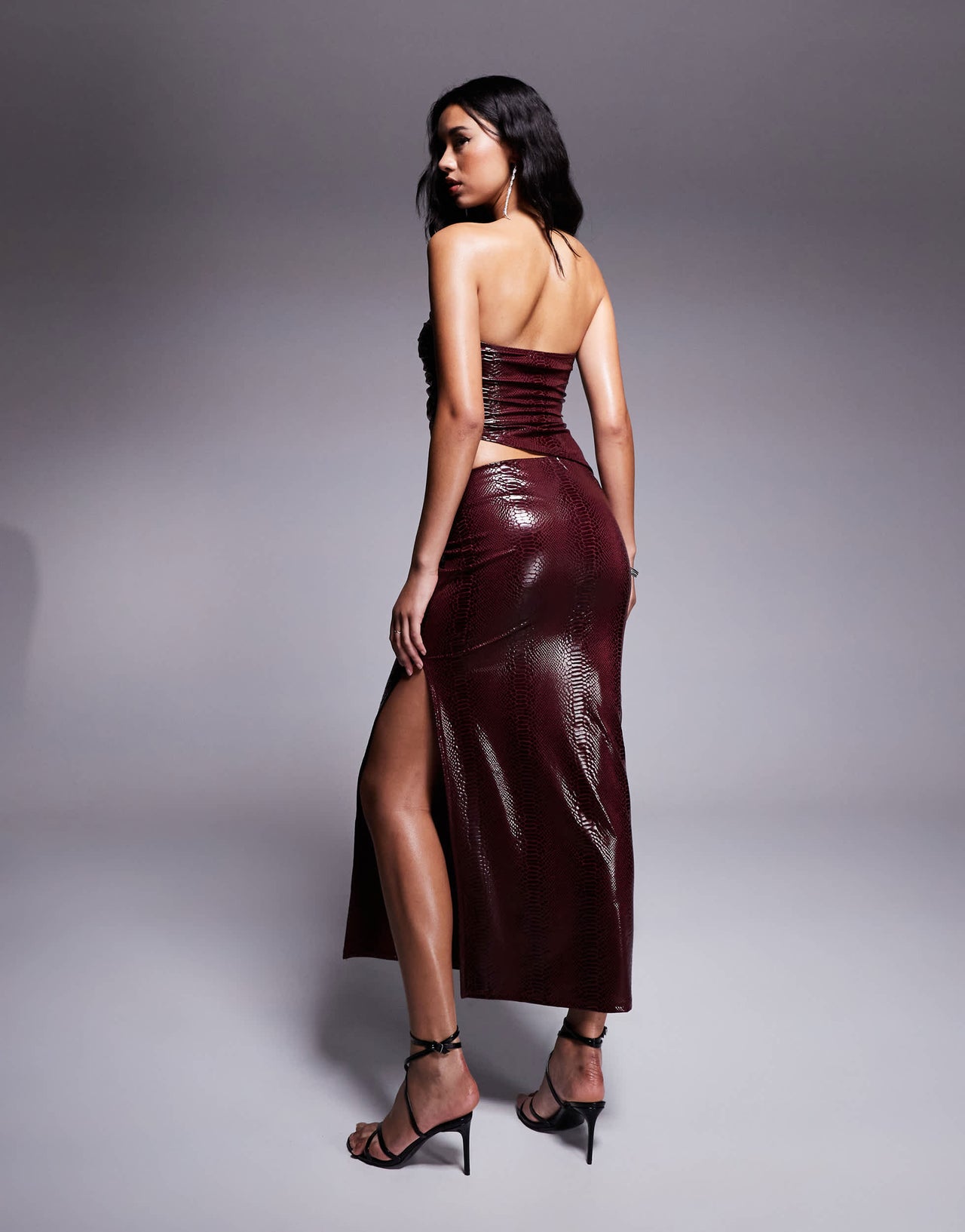 ASOS DESIGN co-ord croc leather look column skirt in burgundy