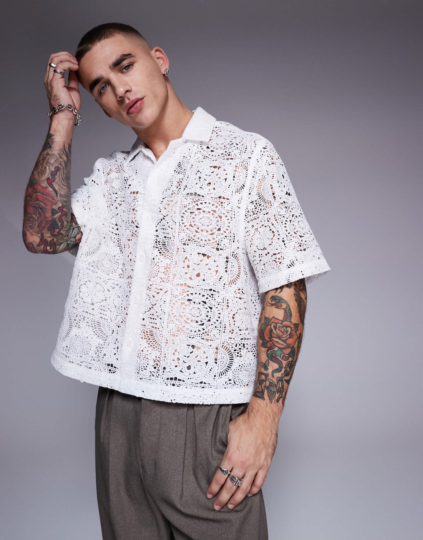 ASOS DESIGN premium boxy revere shirt in white lace