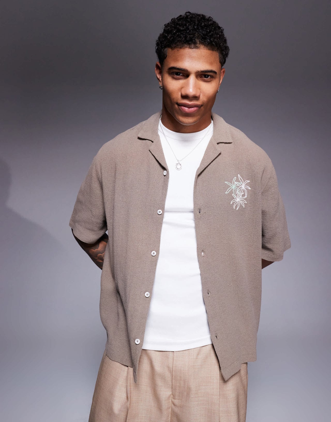 ASOS DESIGN boxy revere shirt with chest embroidery in green
