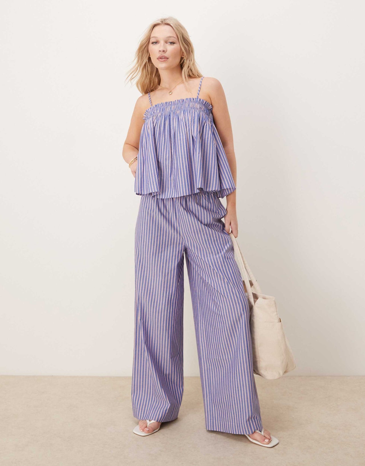 ASOS DESIGN shirred waist trousers co-ord in blue and red stripe