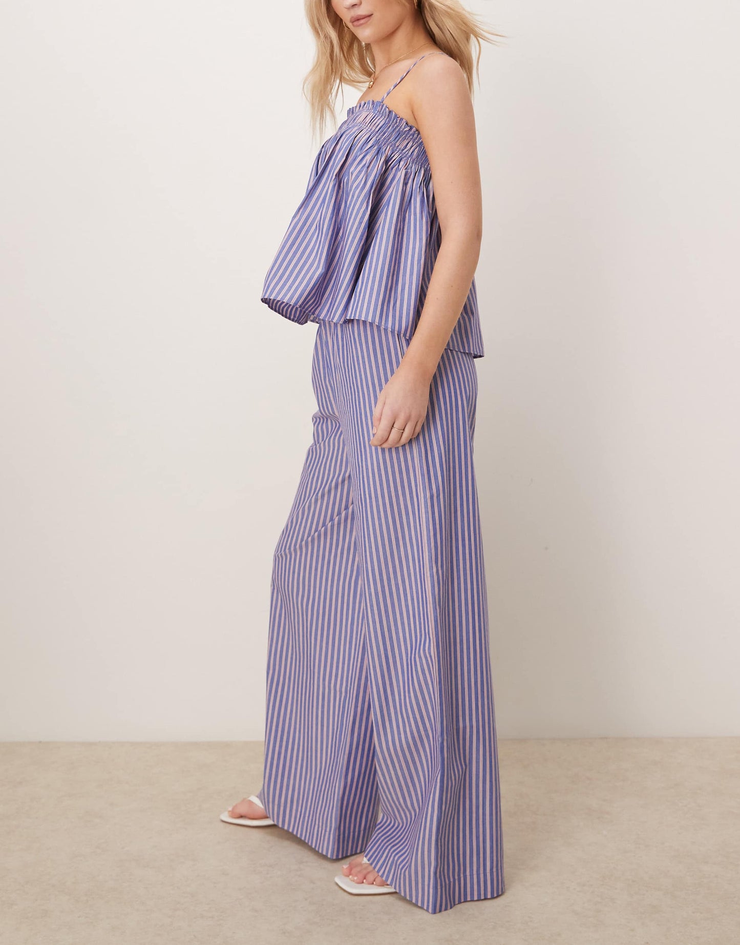 ASOS DESIGN shirred waist trousers co-ord in blue and red stripe