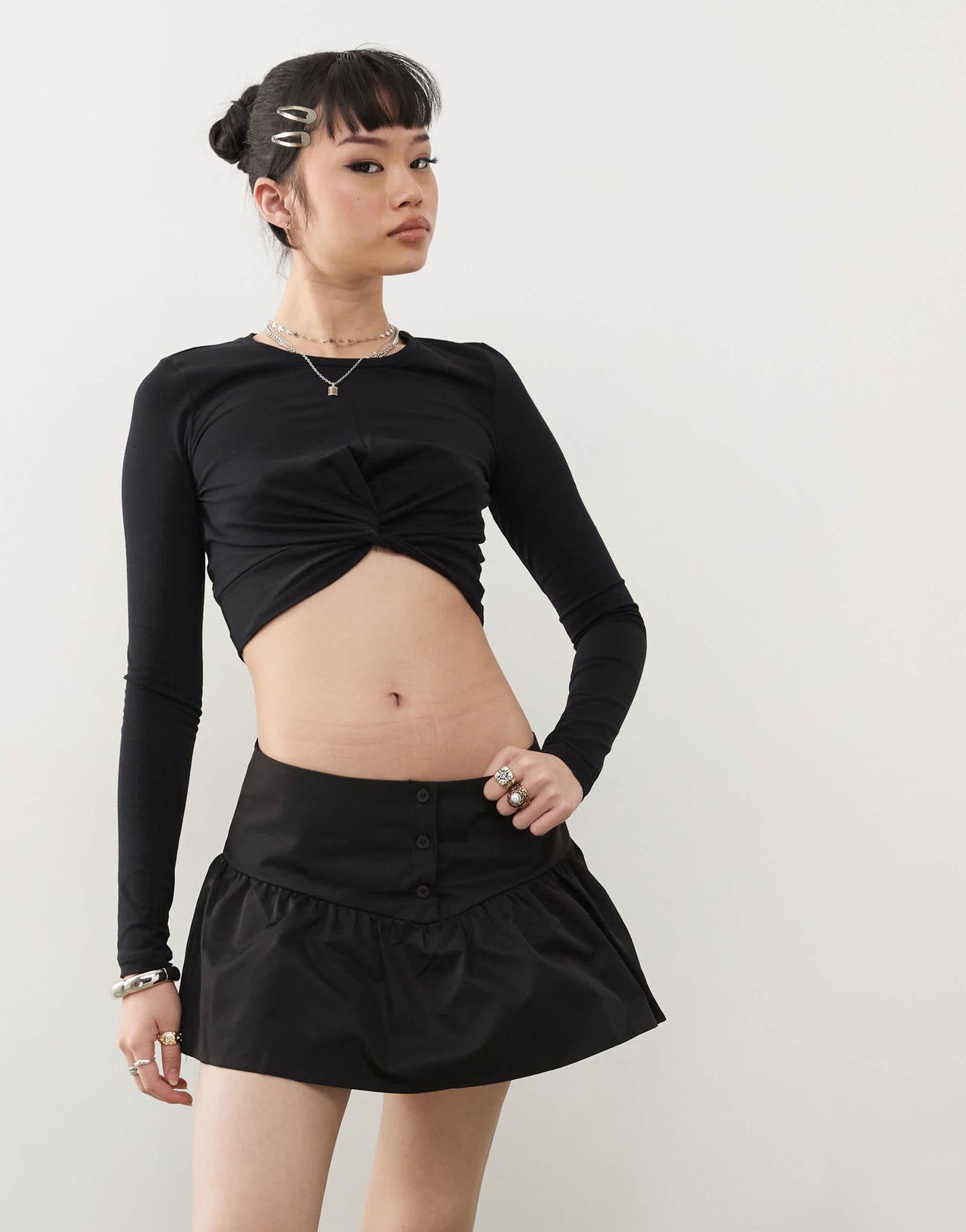 Noisy May long sleeve twist front crop top in black