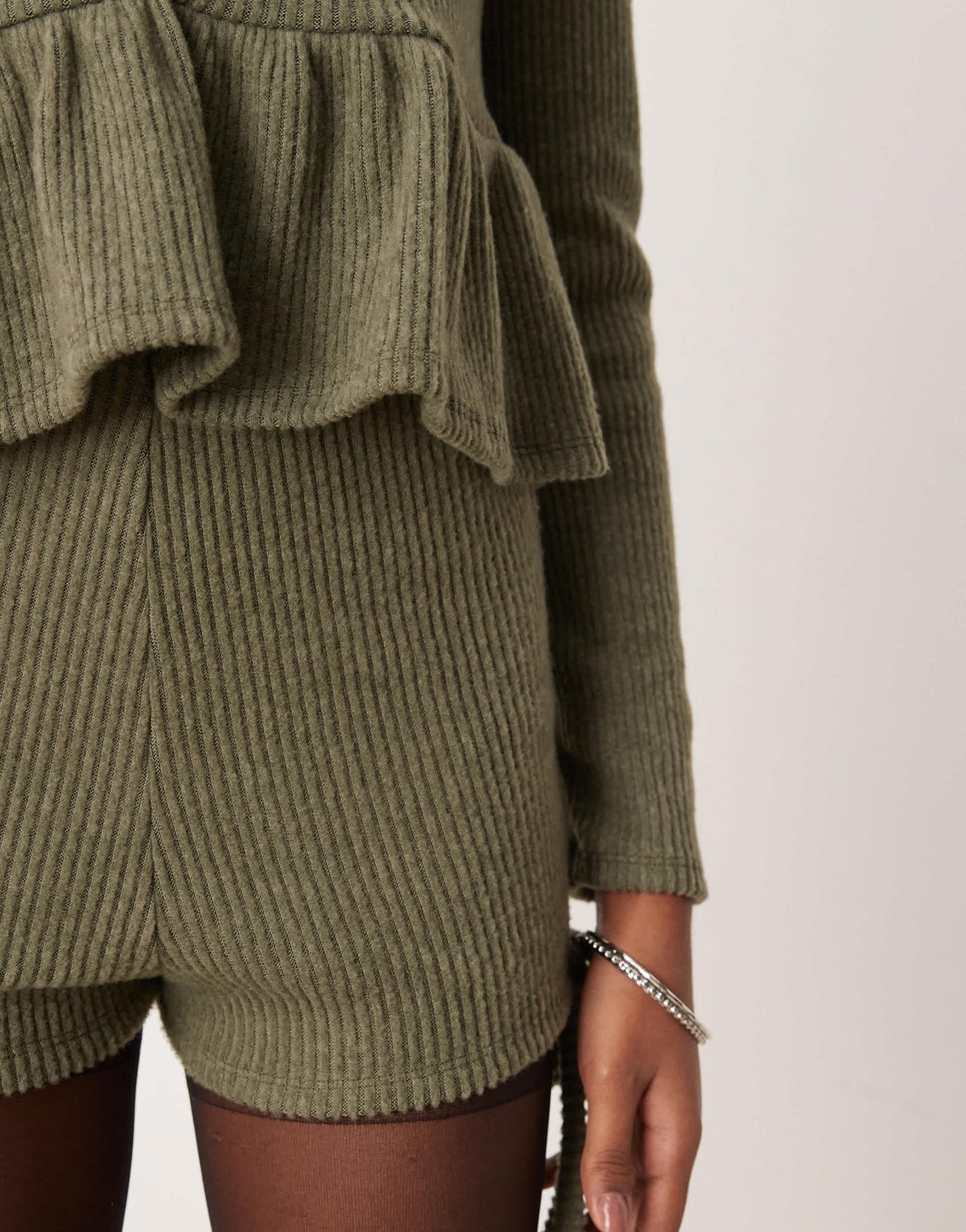 ASOS DESIGN co-ord bow detail brushed rib hot pant in khaki