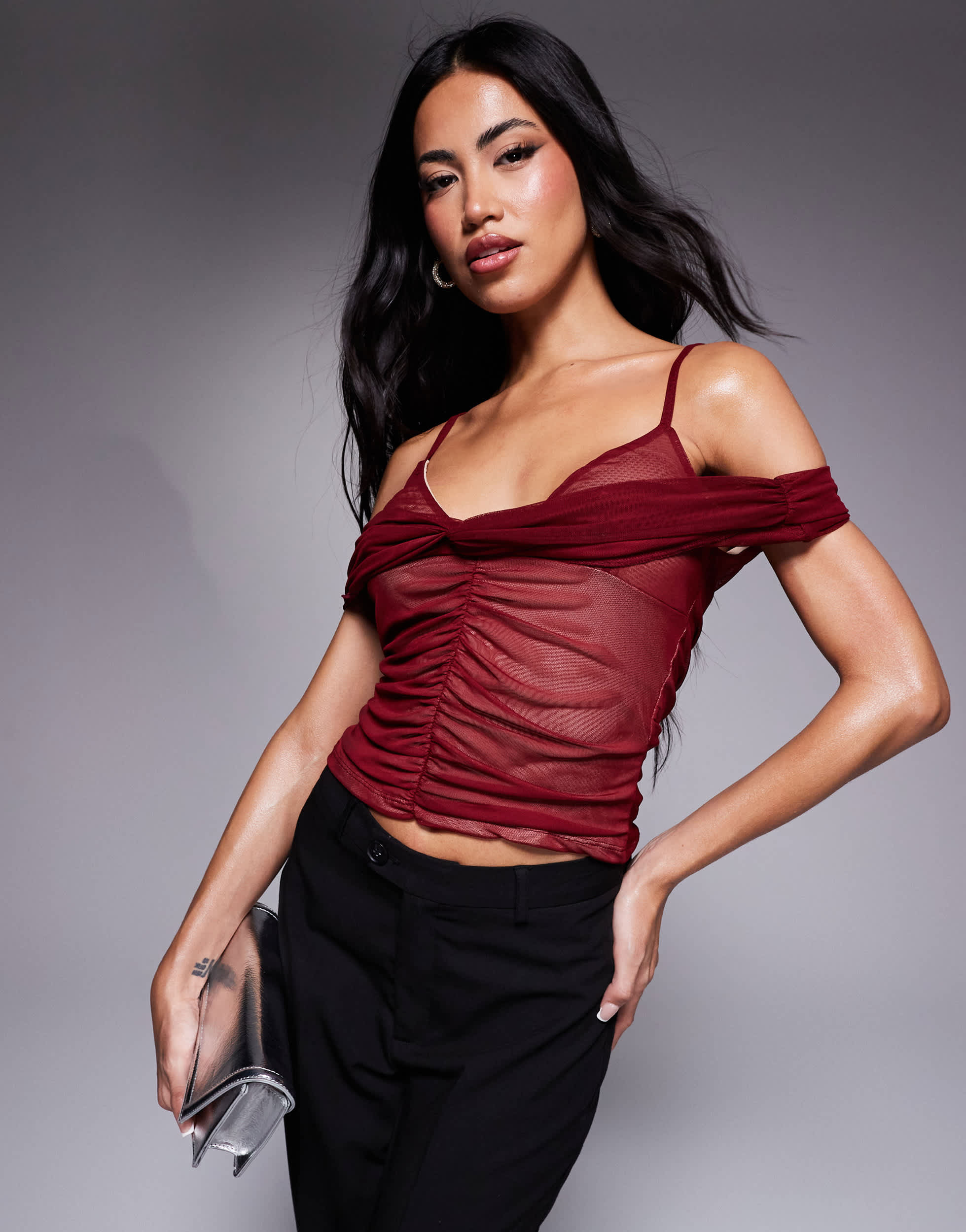 ASOS DESIGN double layer ruched mesh bardot top in burgundy