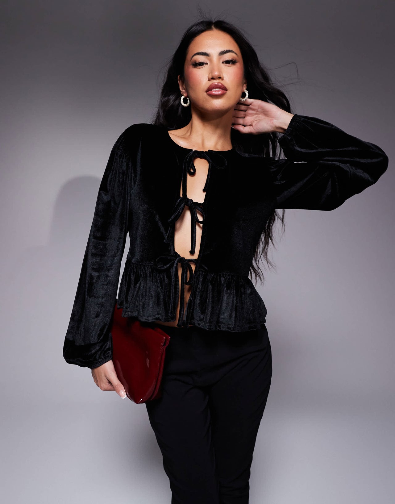 ASOS DESIGN velvet tie front long sleeve top in black