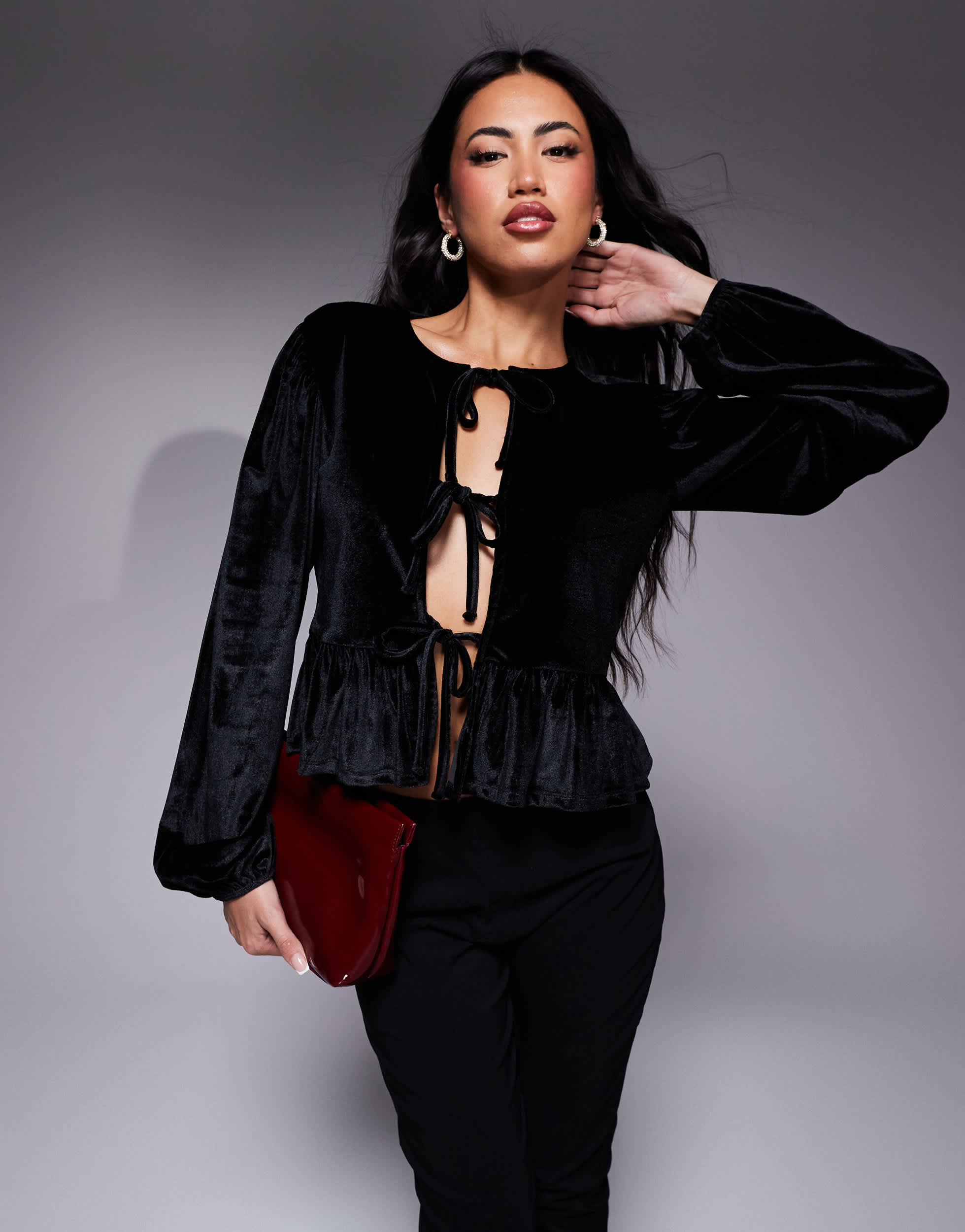 ASOS DESIGN velvet tie front long sleeve top in black