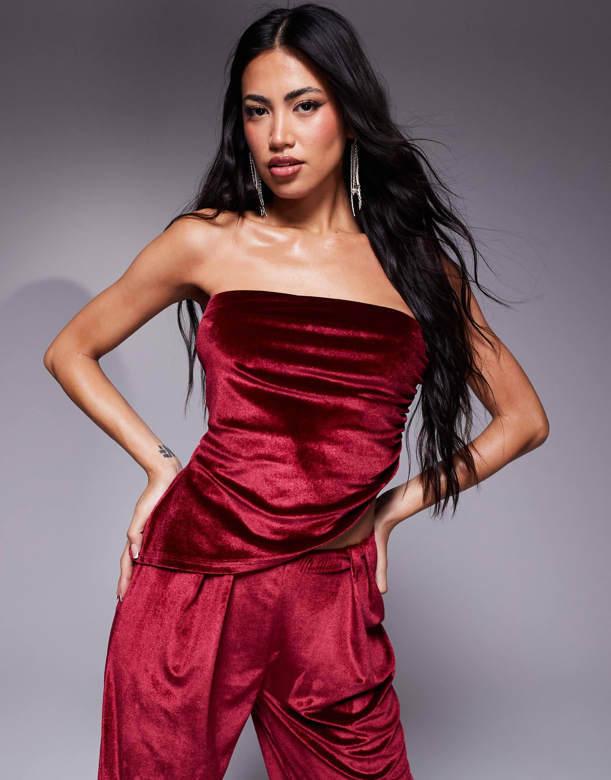 ASOS DESIGN co-ord ruched velvet asymmetric bandeau top in burgundy