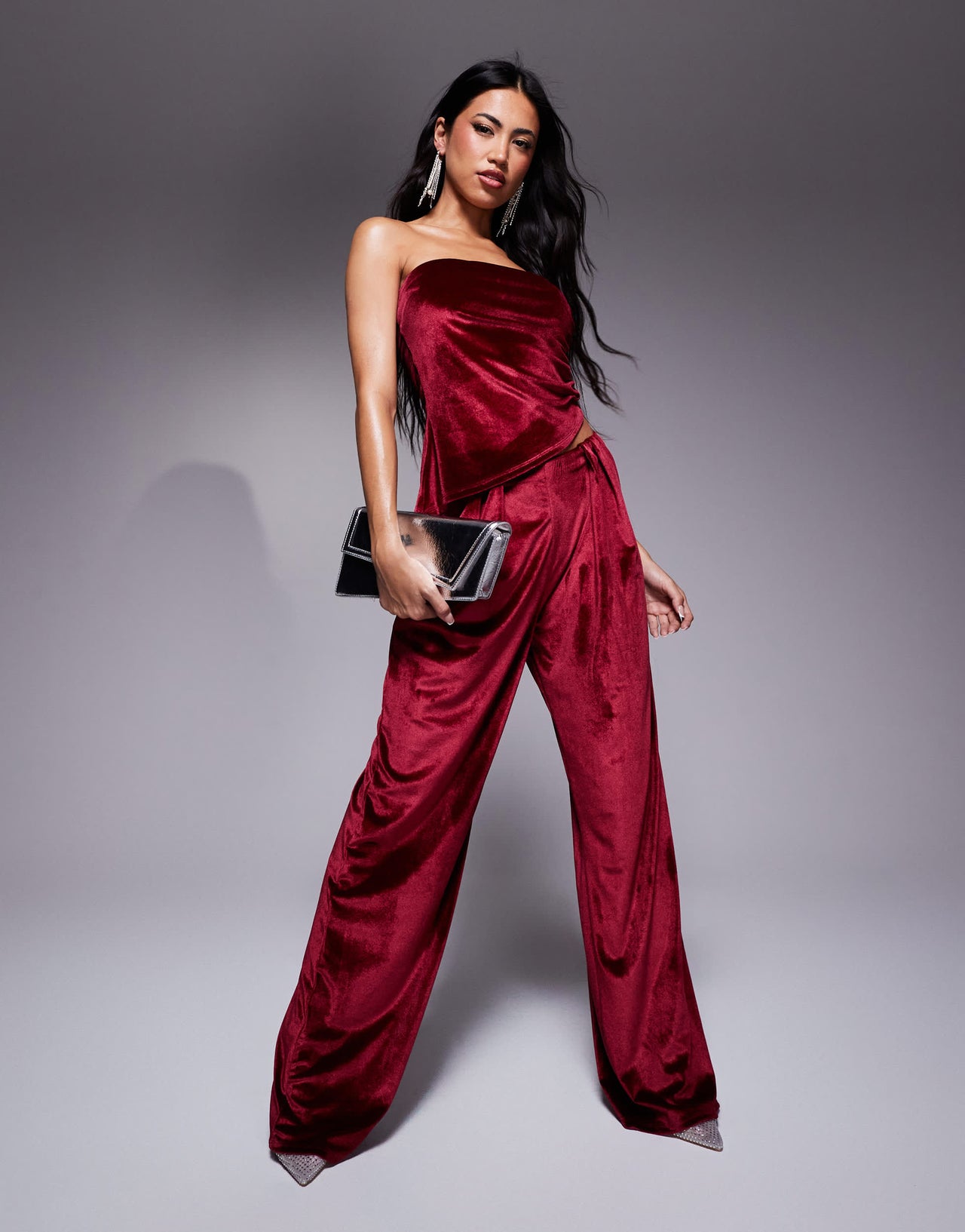 ASOS DESIGN co-ord ruched velvet asymmetric bandeau top in burgundy