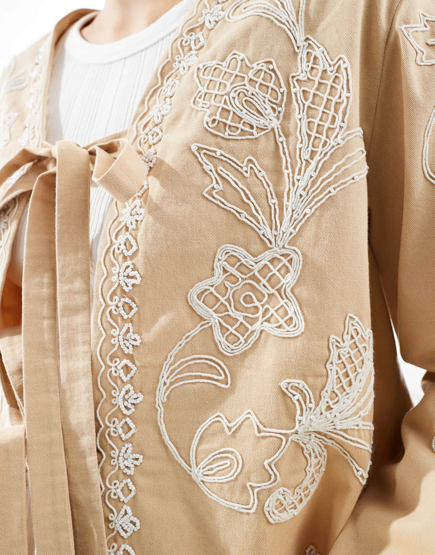 ASOS DESIGN embroidered bow front cropped jacket in stone