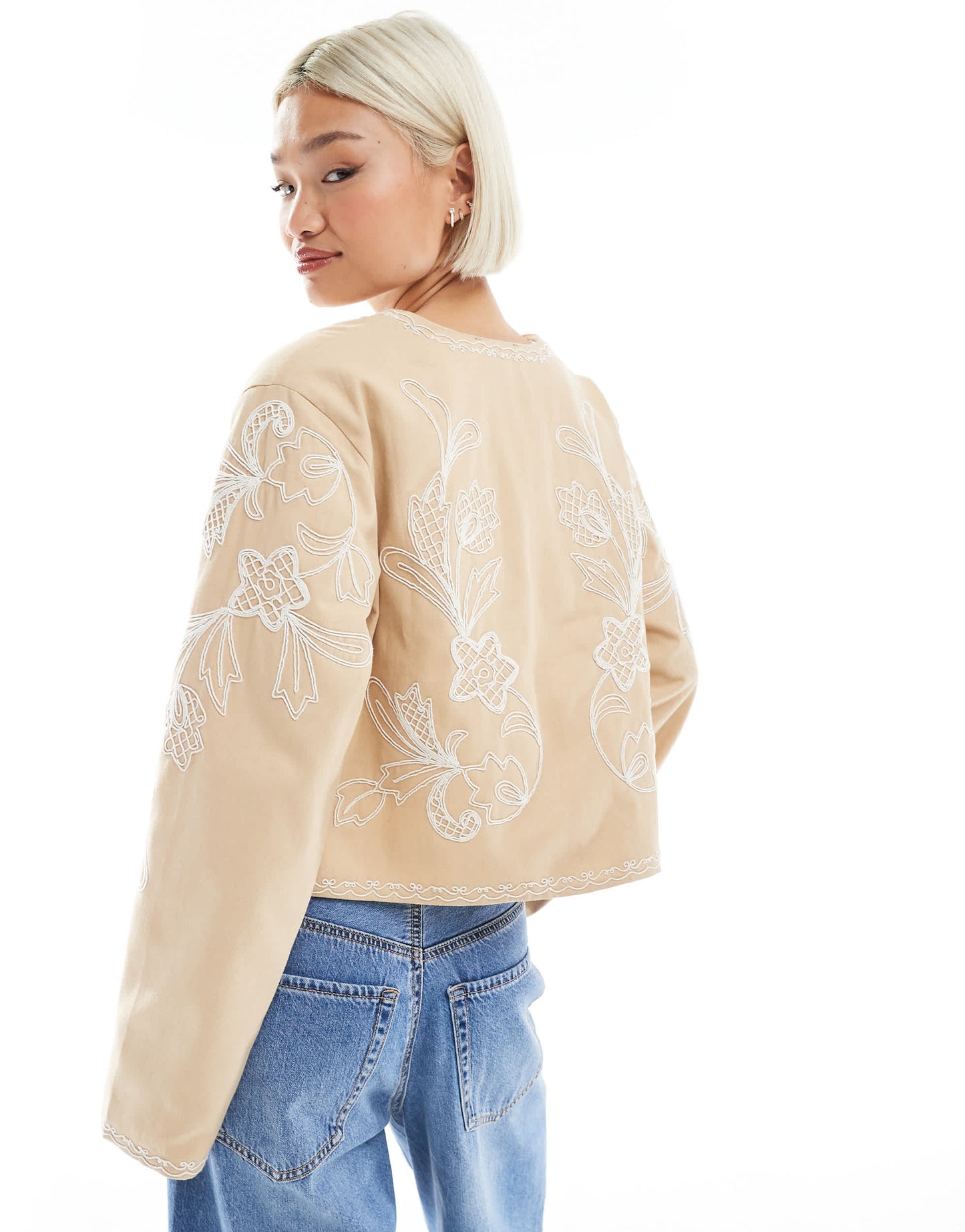 ASOS DESIGN embroidered bow front cropped jacket in stone