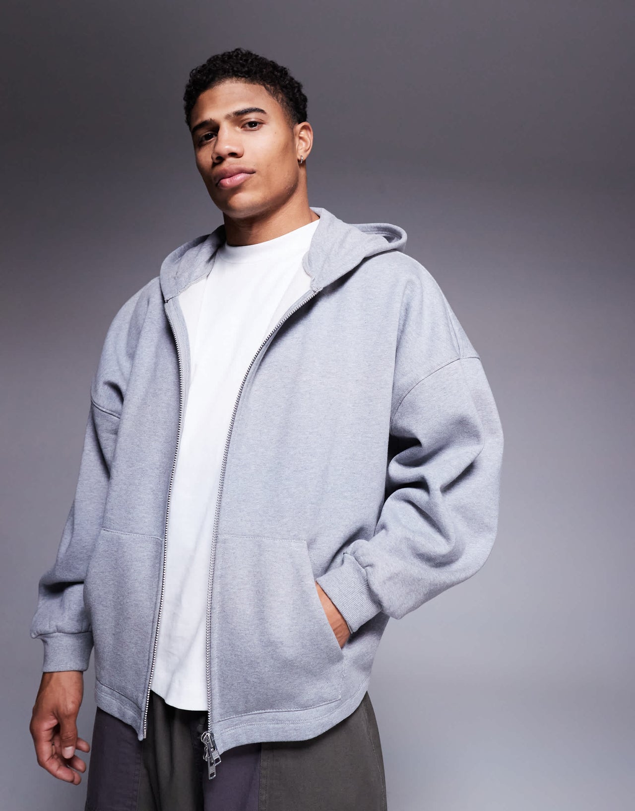 ASOS DESIGN premium heavyweight extreme oversized zip through hoodie with fixed hem in 400gsm grey marl  - GREY